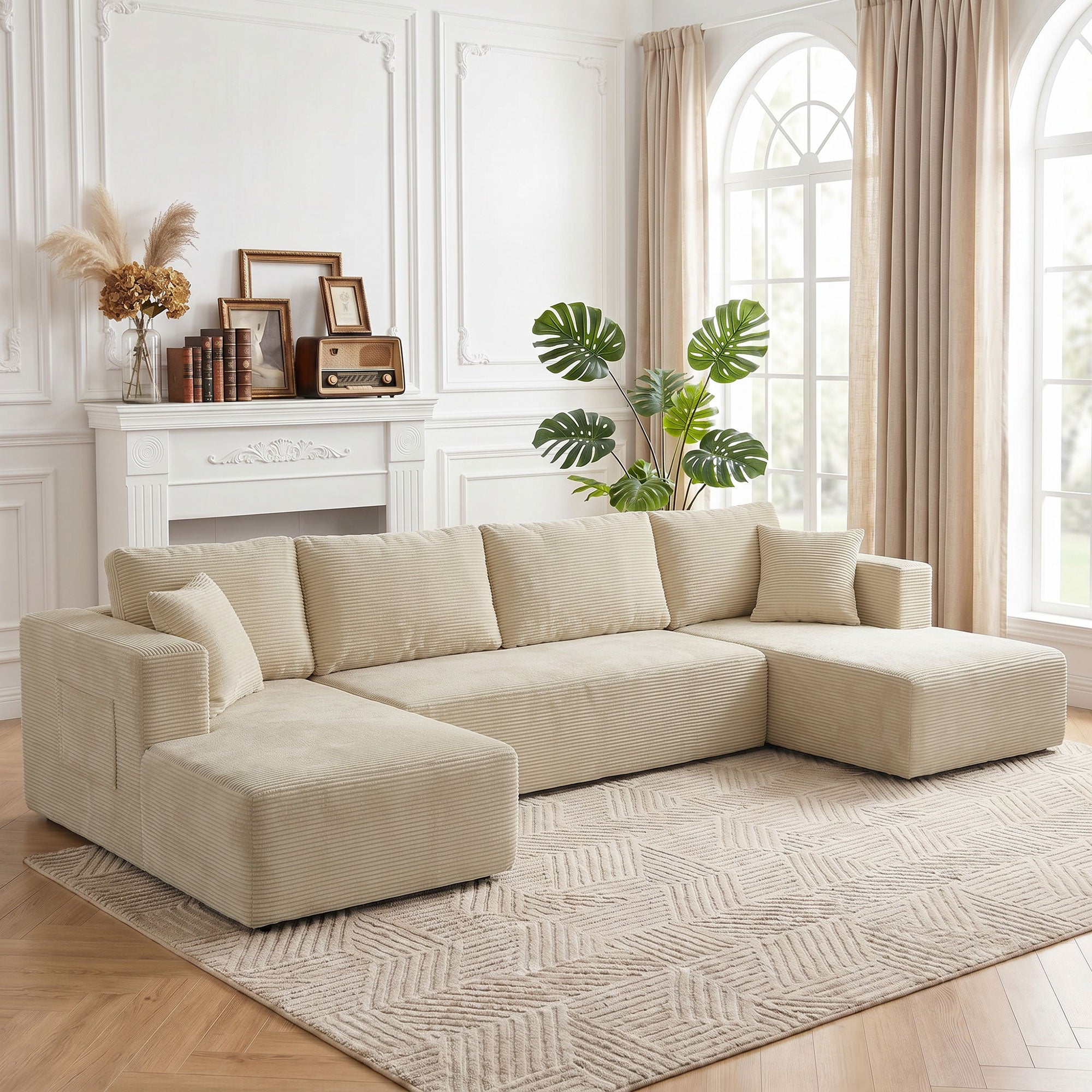 Canapé Modulaire en U Compressé 337 cm, Canapé 4 places Convertible en Velours Côtelé, 2 Méridiennes, 6 Coussins, Assise Large et Poches Latérales, pour Salon, Aucun Assemblage Requis, Crème