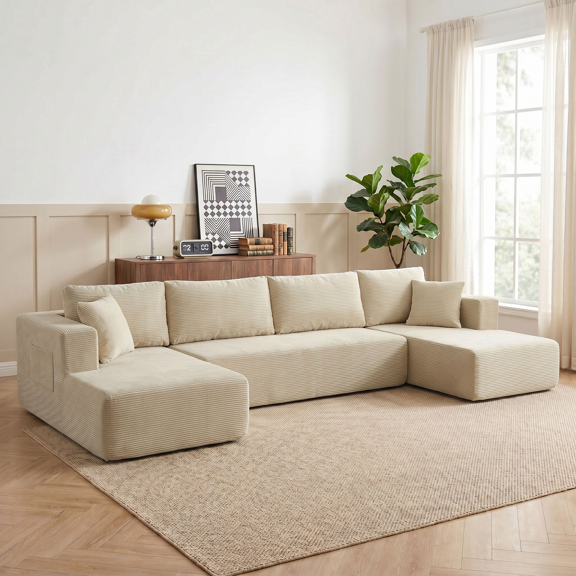 Canapé Modulaire en U Compressé 337 cm, Canapé 4 places Convertible en Velours Côtelé, 2 Méridiennes, 6 Coussins, Assise Large et Poches Latérales, pour Salon, Aucun Assemblage Requis, Crème