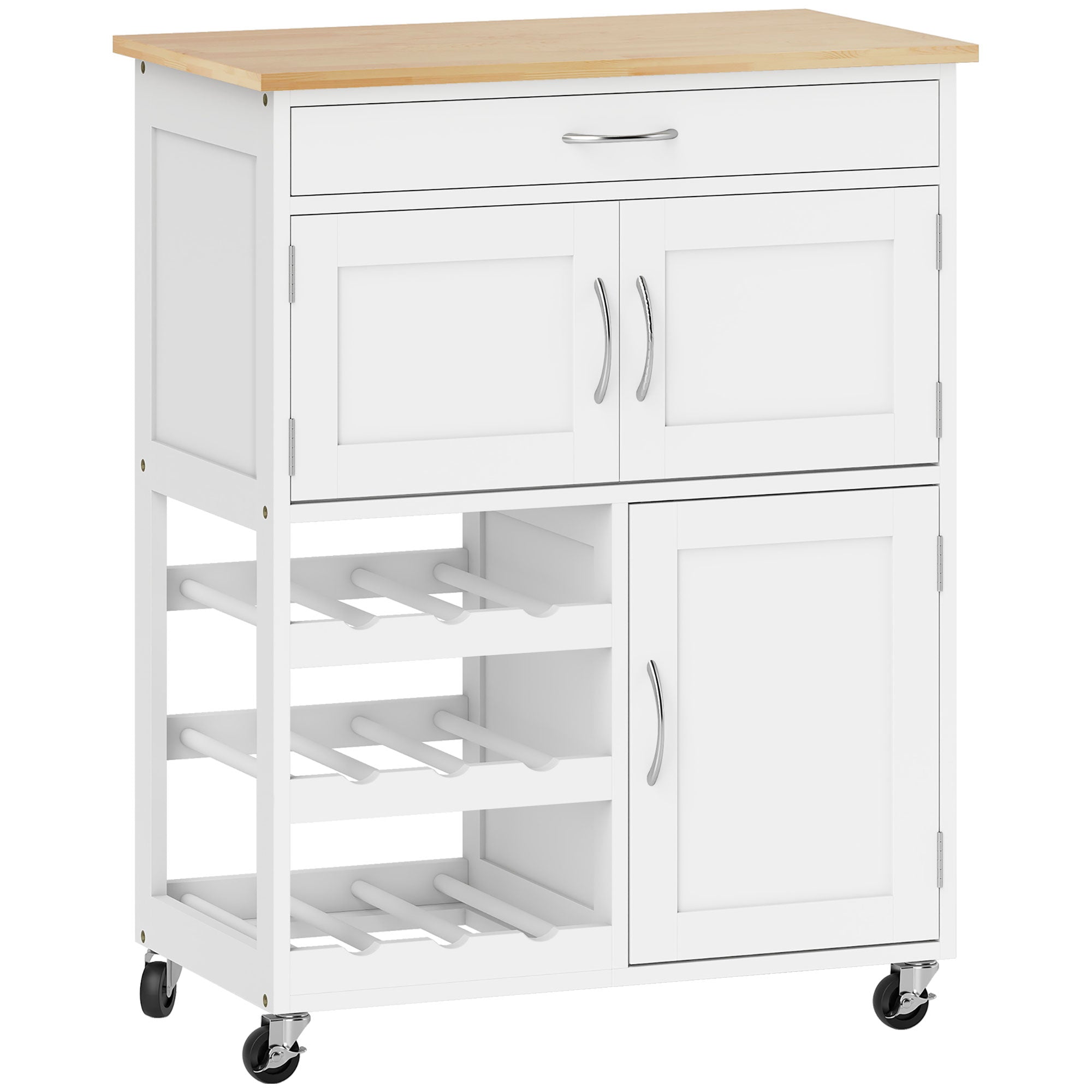 Desserte de cuisine multi rangements 2 placards tiroir casier 9 bouteilles MDF blanc plateau bois caoutchouc