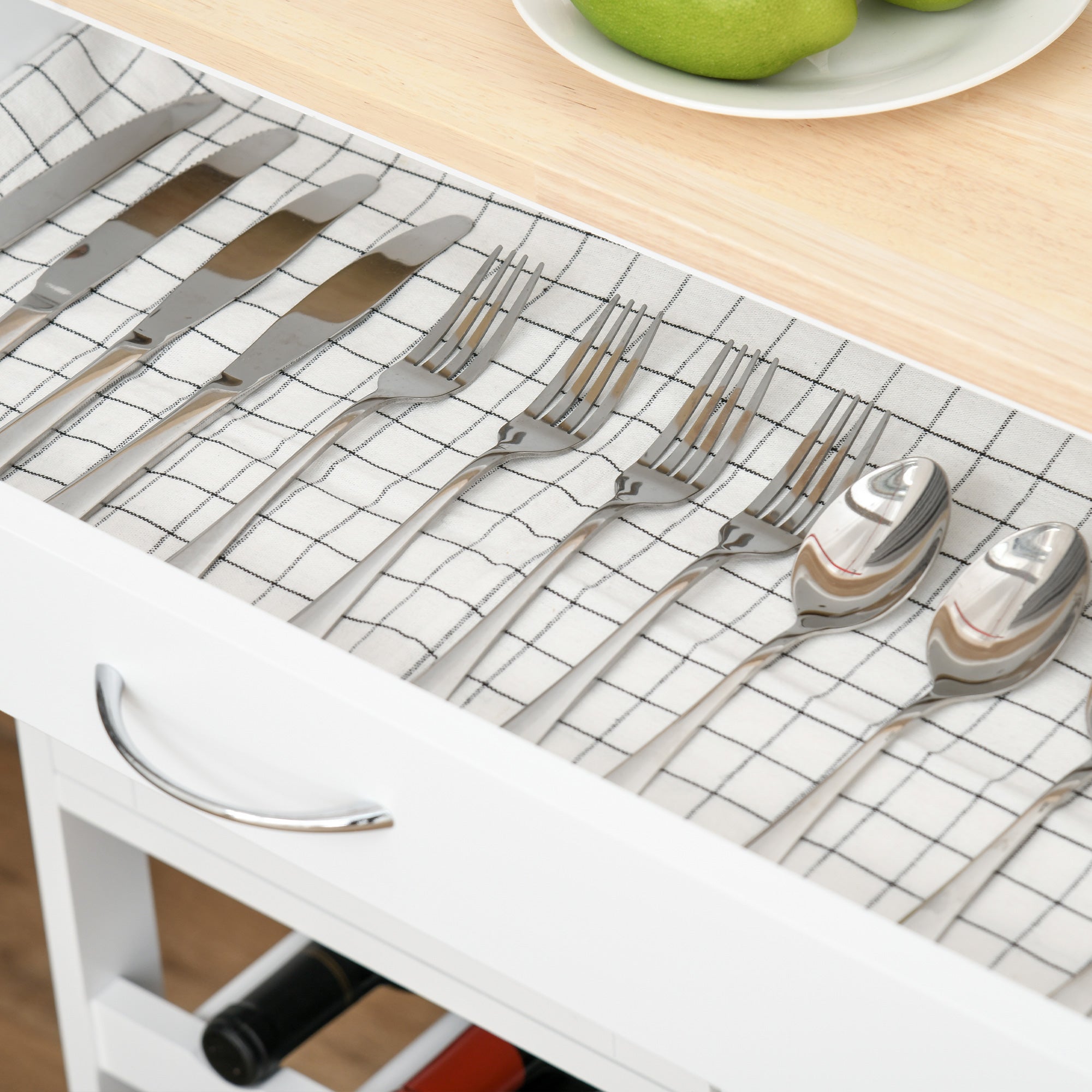 Desserte de cuisine multi rangements 2 placards tiroir casier 9 bouteilles MDF blanc plateau bois caoutchouc