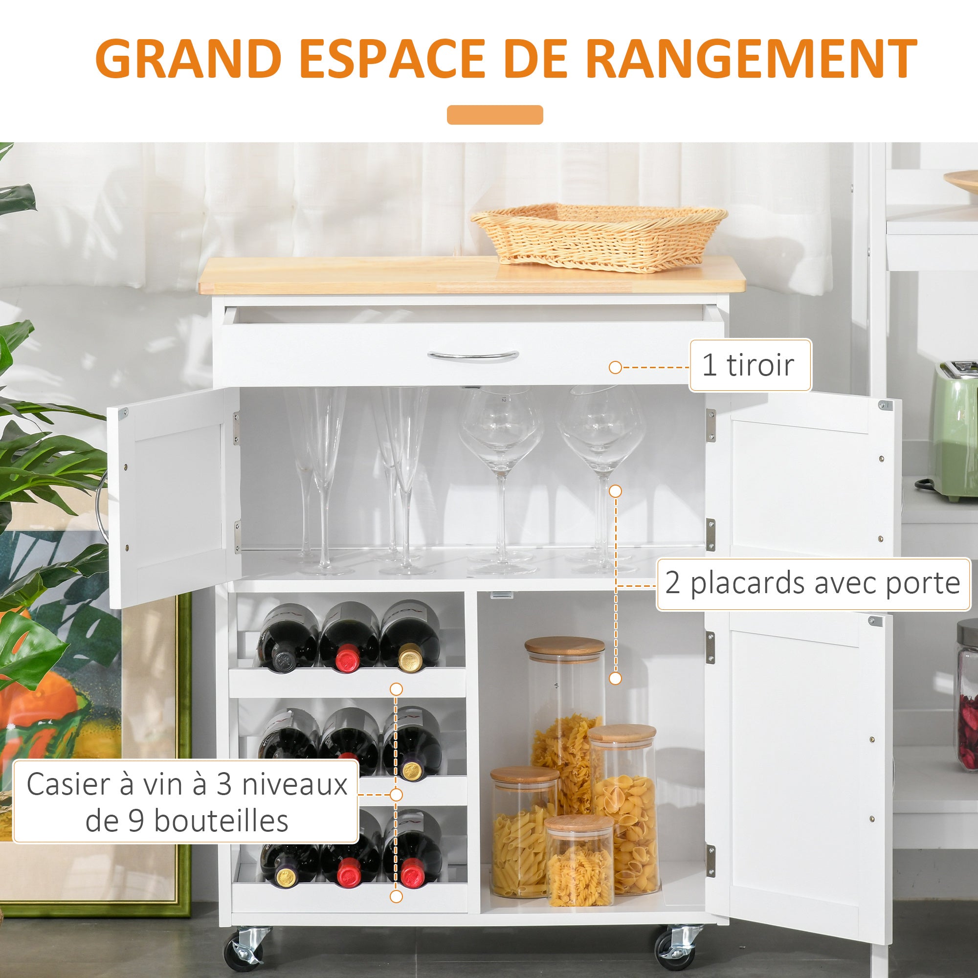 Desserte de cuisine multi rangements 2 placards tiroir casier 9 bouteilles MDF blanc plateau bois caoutchouc