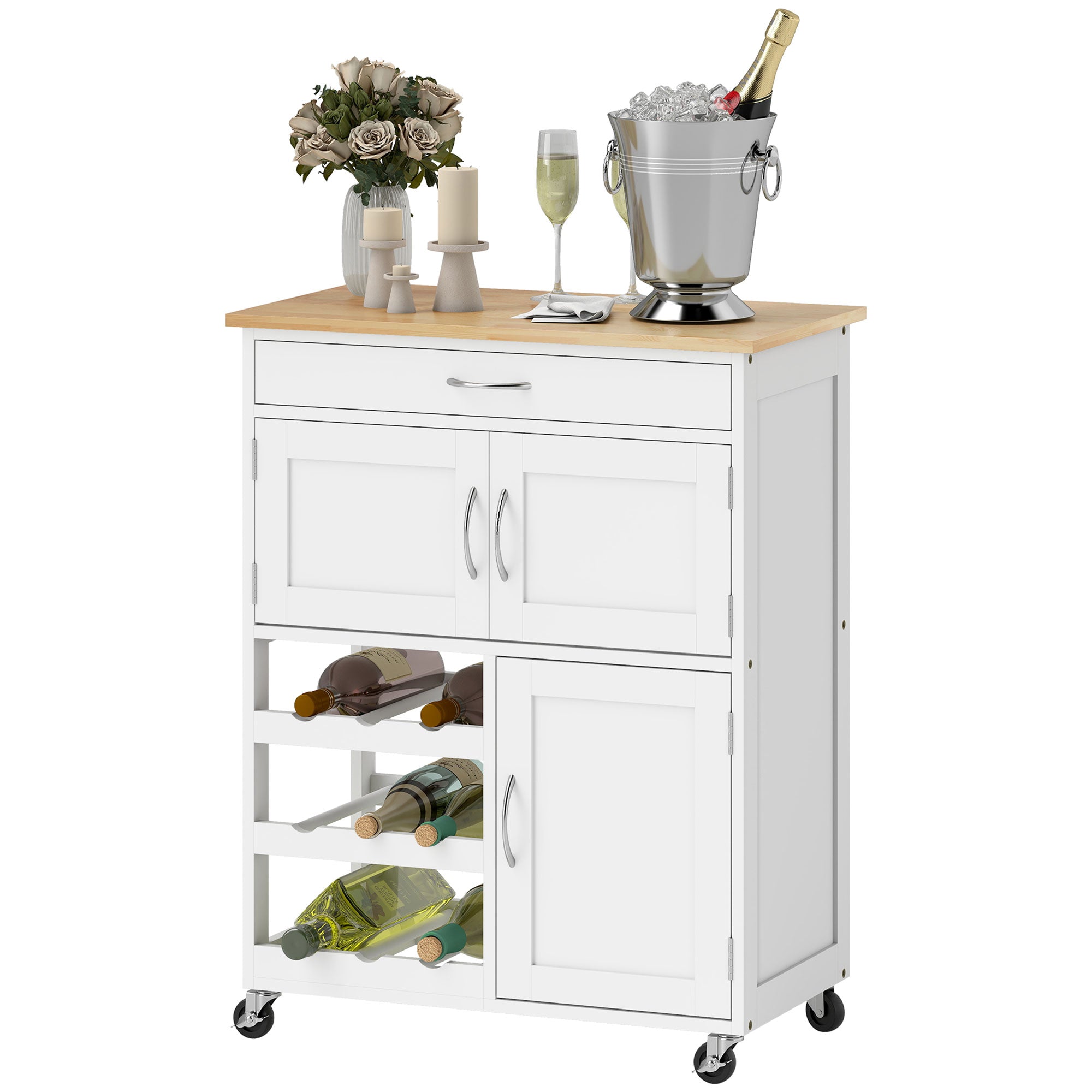 Desserte de cuisine multi rangements 2 placards tiroir casier 9 bouteilles MDF blanc plateau bois caoutchouc