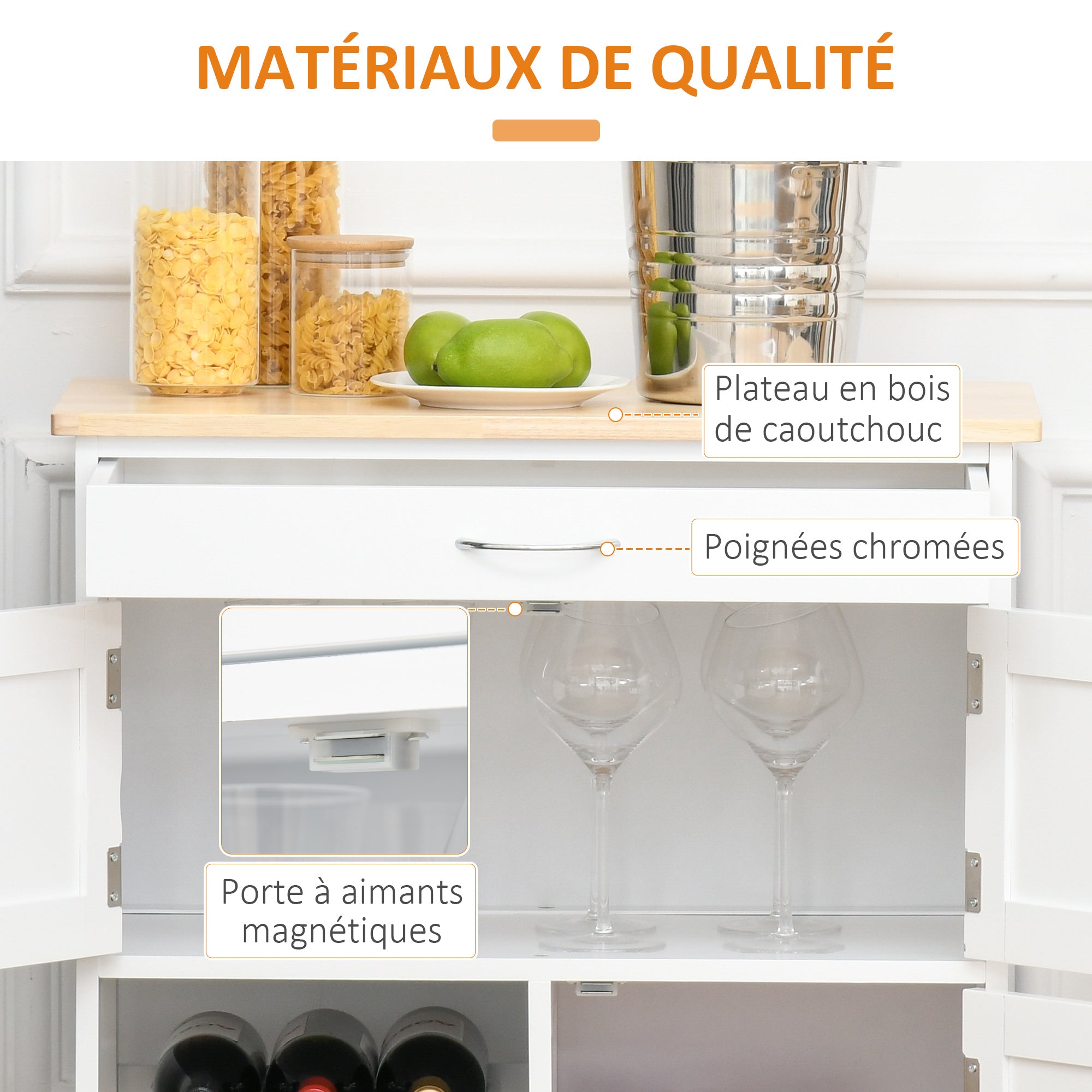 Desserte de cuisine multi rangements 2 placards tiroir casier 9 bouteilles MDF blanc plateau bois caoutchouc
