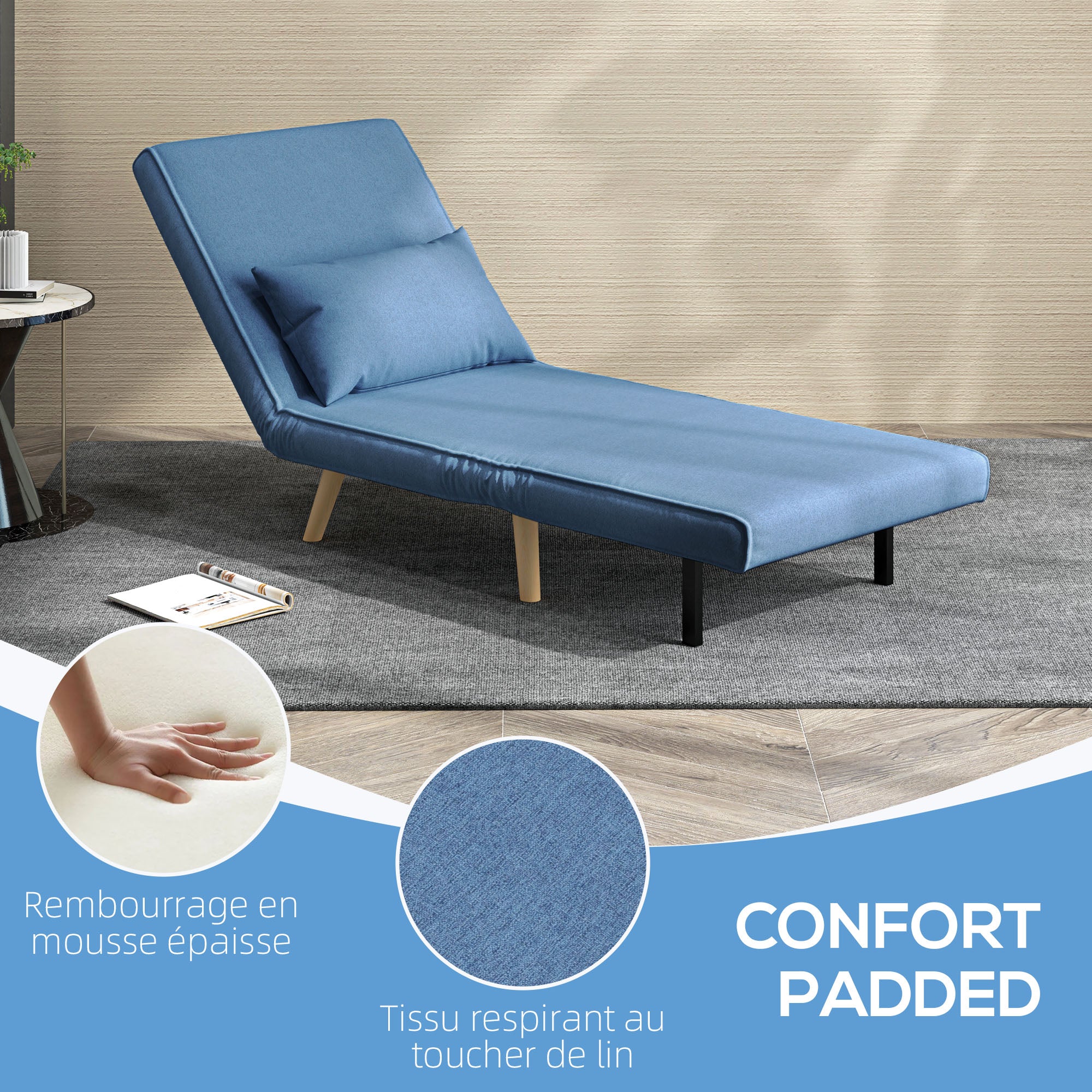 3 en 1 fauteuil convertible 1 place, fauteuil lit et chauffeuse - dossier inclinable 5 niveaux et oreiller inclus, siège rembourré - pour bureau, salon, chambre à coucher, bleu