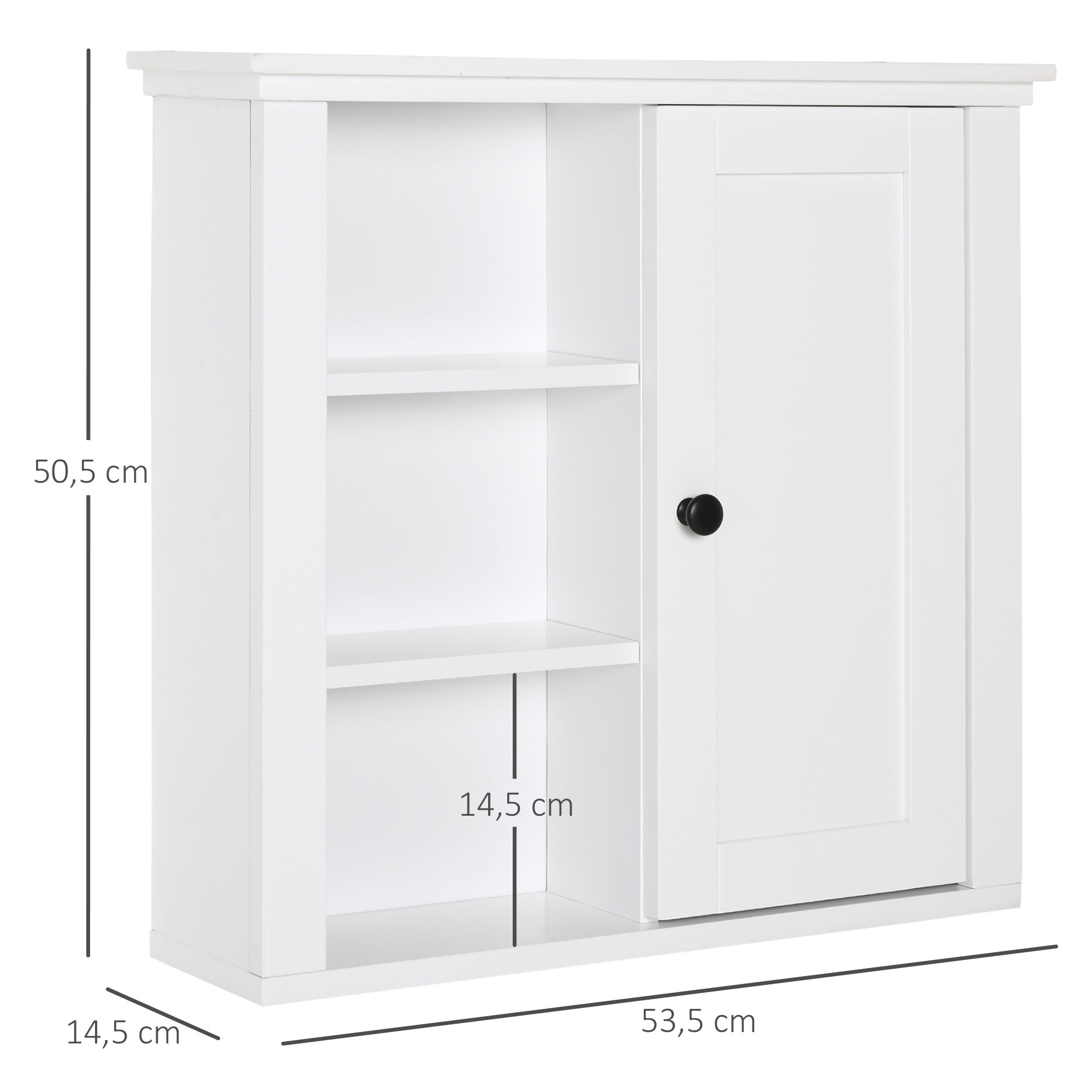Armoire Murale de Salle de Bain Meuble Suspendu WC Placard 1 Porte 3 niches dim. 53L x 14,5l x 50,5H cm en bois Blanc