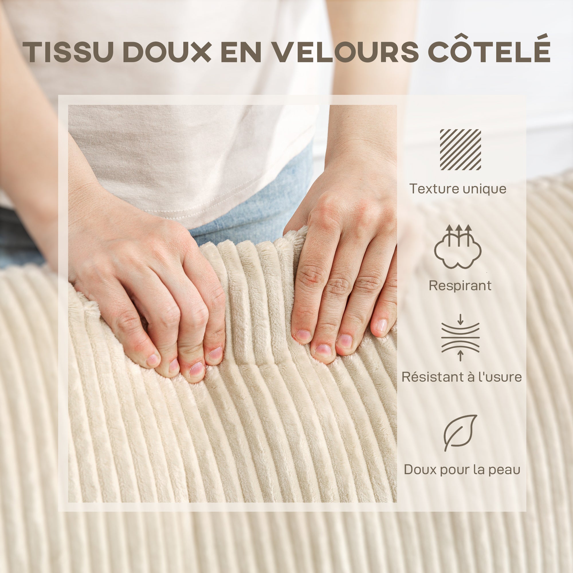 Canapé 3 place velours côtelé 210 cm, design moderne, 2 oreillers inclus, coussins à ressorts, accoudoirs et dossier rembourrés, pour salon, chambre, bureau, crème