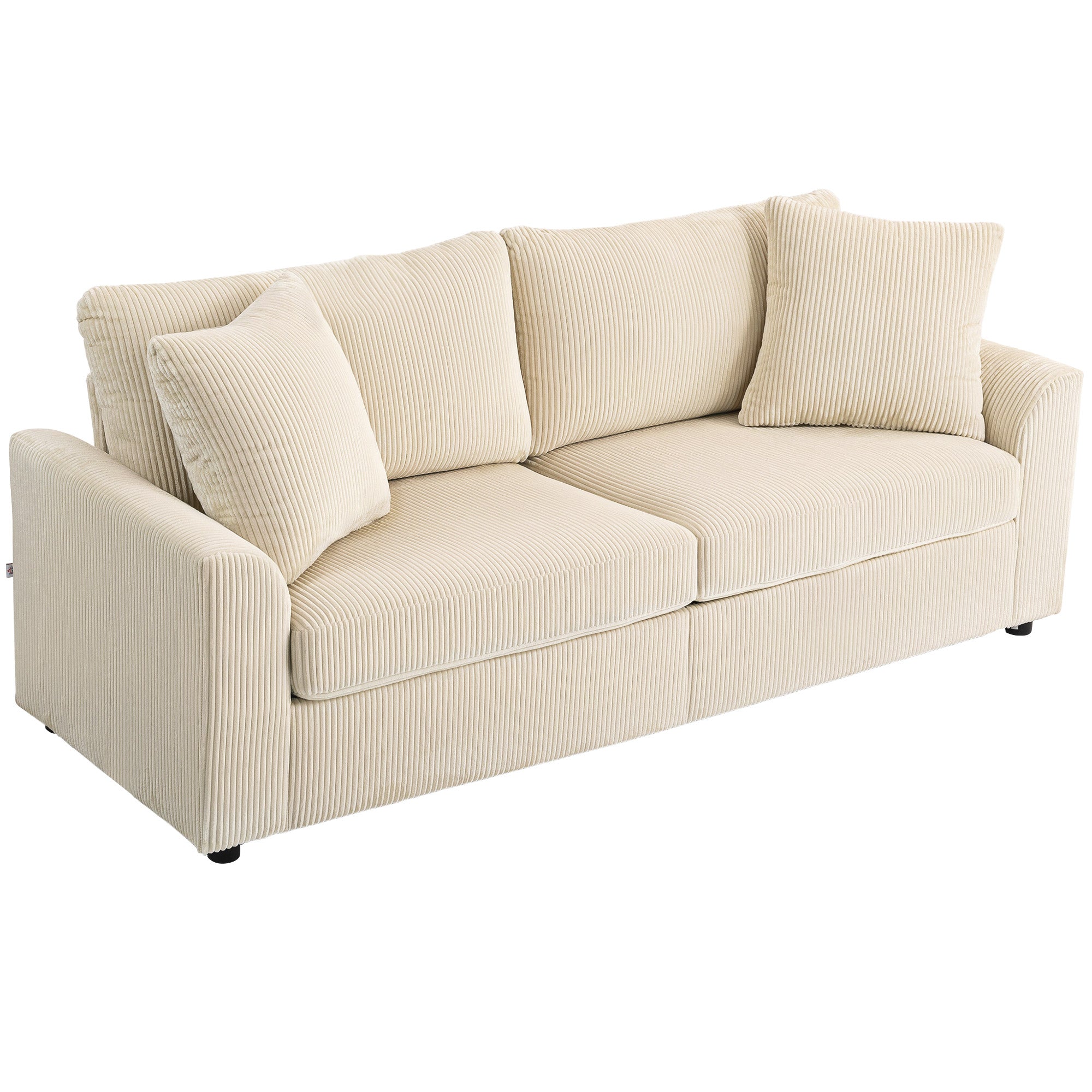 Canapé 3 place velours côtelé 210 cm, design moderne, 2 oreillers inclus, coussins à ressorts, accoudoirs et dossier rembourrés, pour salon, chambre, bureau, crème