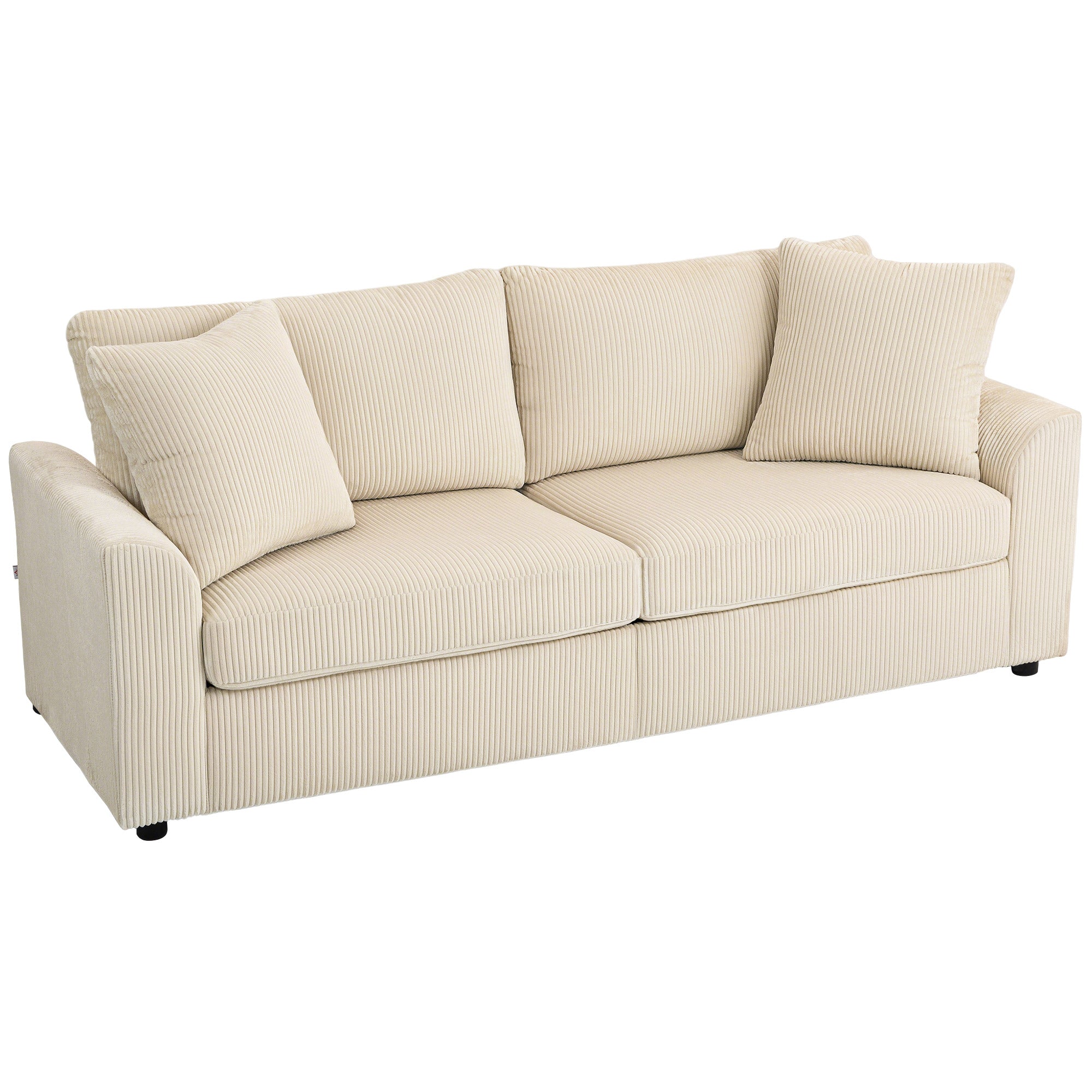Canapé 3 place velours côtelé 210 cm, design moderne, 2 oreillers inclus, coussins à ressorts, accoudoirs et dossier rembourrés, pour salon, chambre, bureau, crème