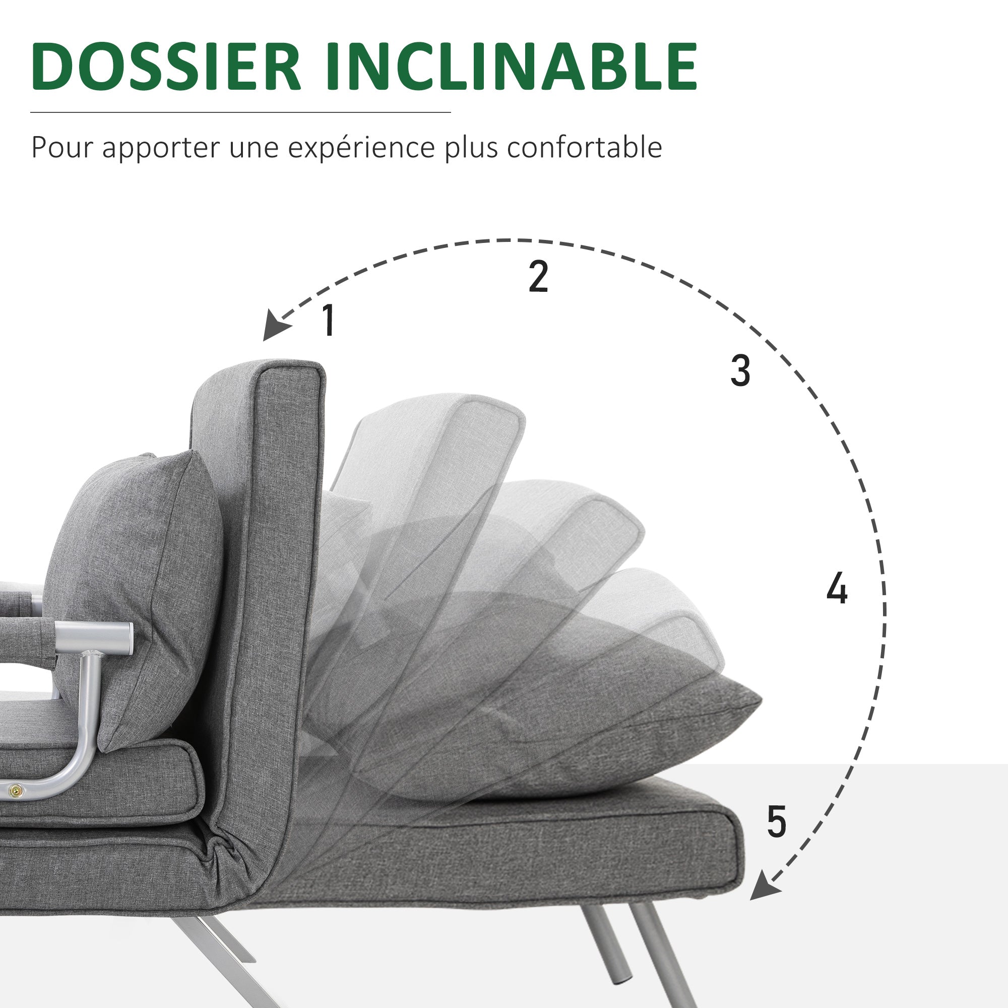 Fauteuil chauffeuse canapé-lit Convertible 1 Place déhoussable Grand Confort Coussin Pieds accoudoirs métal Lin Gris Clair