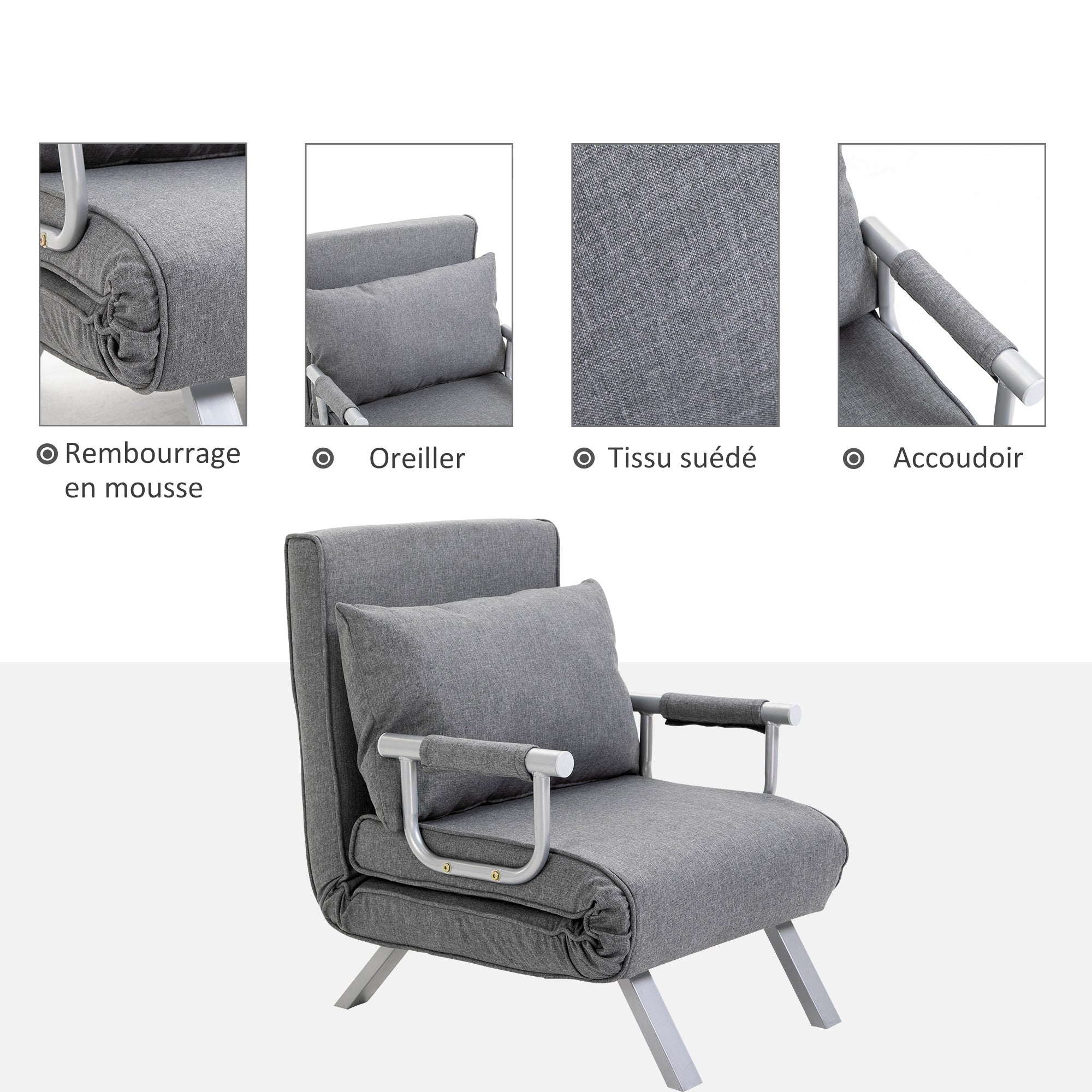 Fauteuil chauffeuse canapé-lit Convertible 1 Place déhoussable Grand Confort Coussin Pieds accoudoirs métal Lin Gris Clair