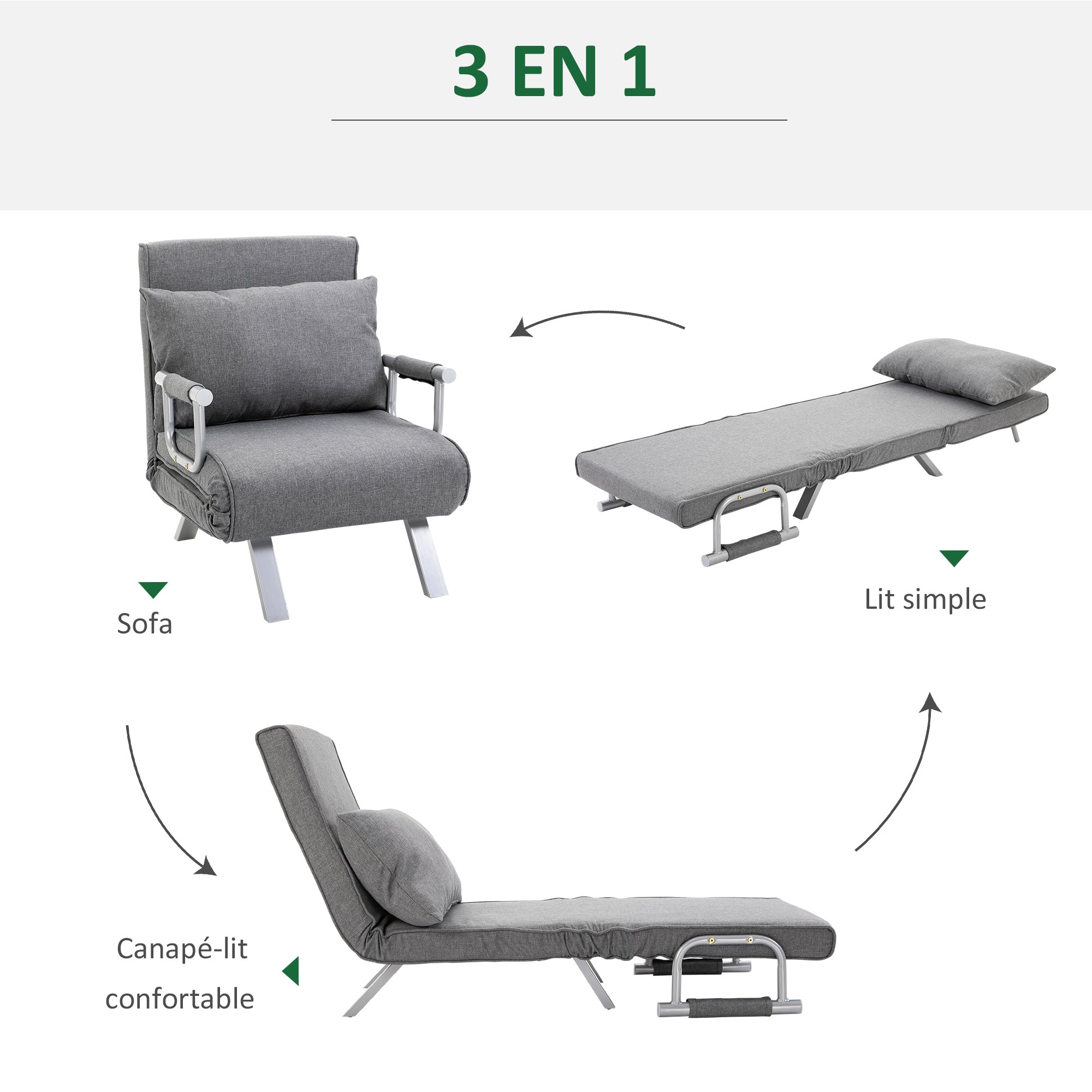 Fauteuil chauffeuse canapé-lit Convertible 1 Place déhoussable Grand Confort Coussin Pieds accoudoirs métal Lin Gris Clair