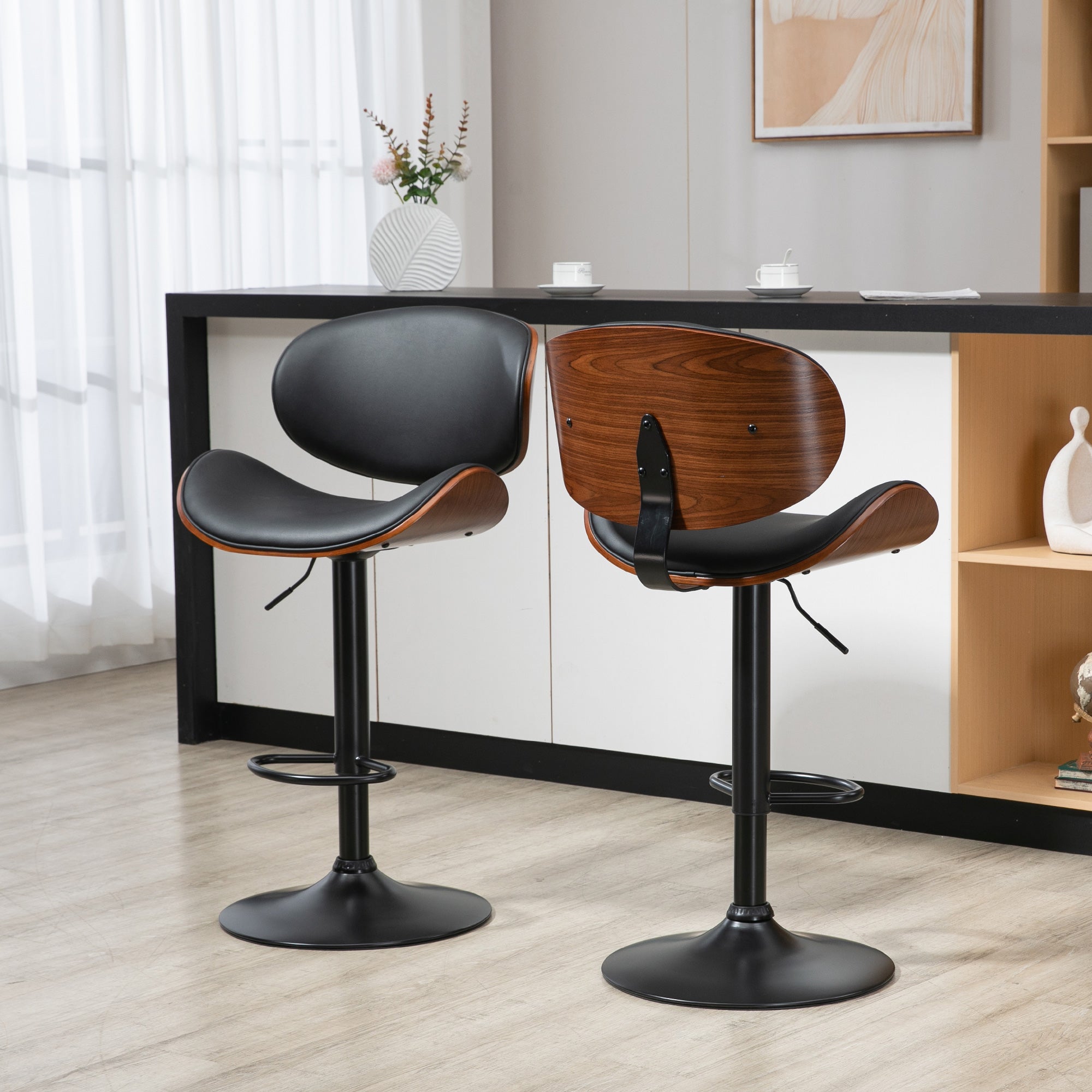 Lot de 2 tabourets de bar chaise de cuisine avec dossier revêtement synthétique hauteur réglable pivotant repose-pied noir