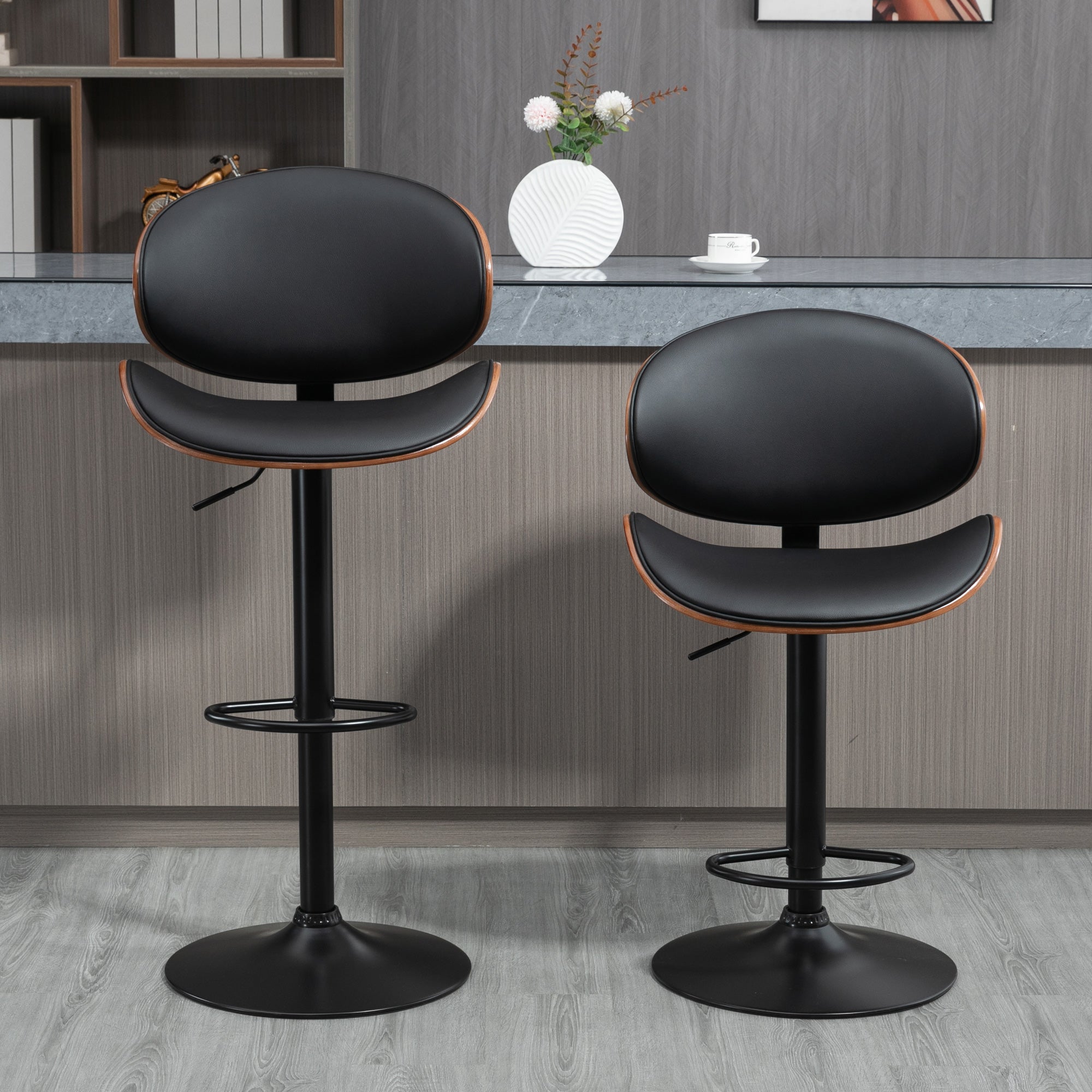 Lot de 2 tabourets de bar chaise de cuisine avec dossier revêtement synthétique hauteur réglable pivotant repose-pied noir