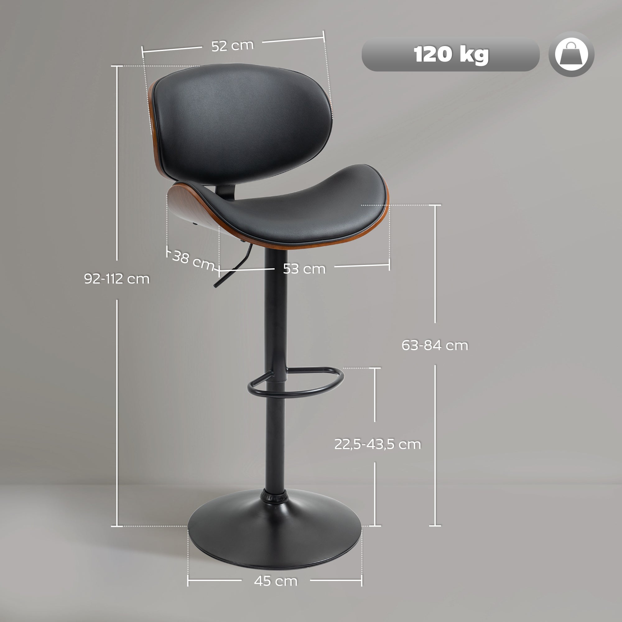 Lot de 2 tabourets de bar chaise de cuisine avec dossier revêtement synthétique hauteur réglable pivotant repose-pied noir