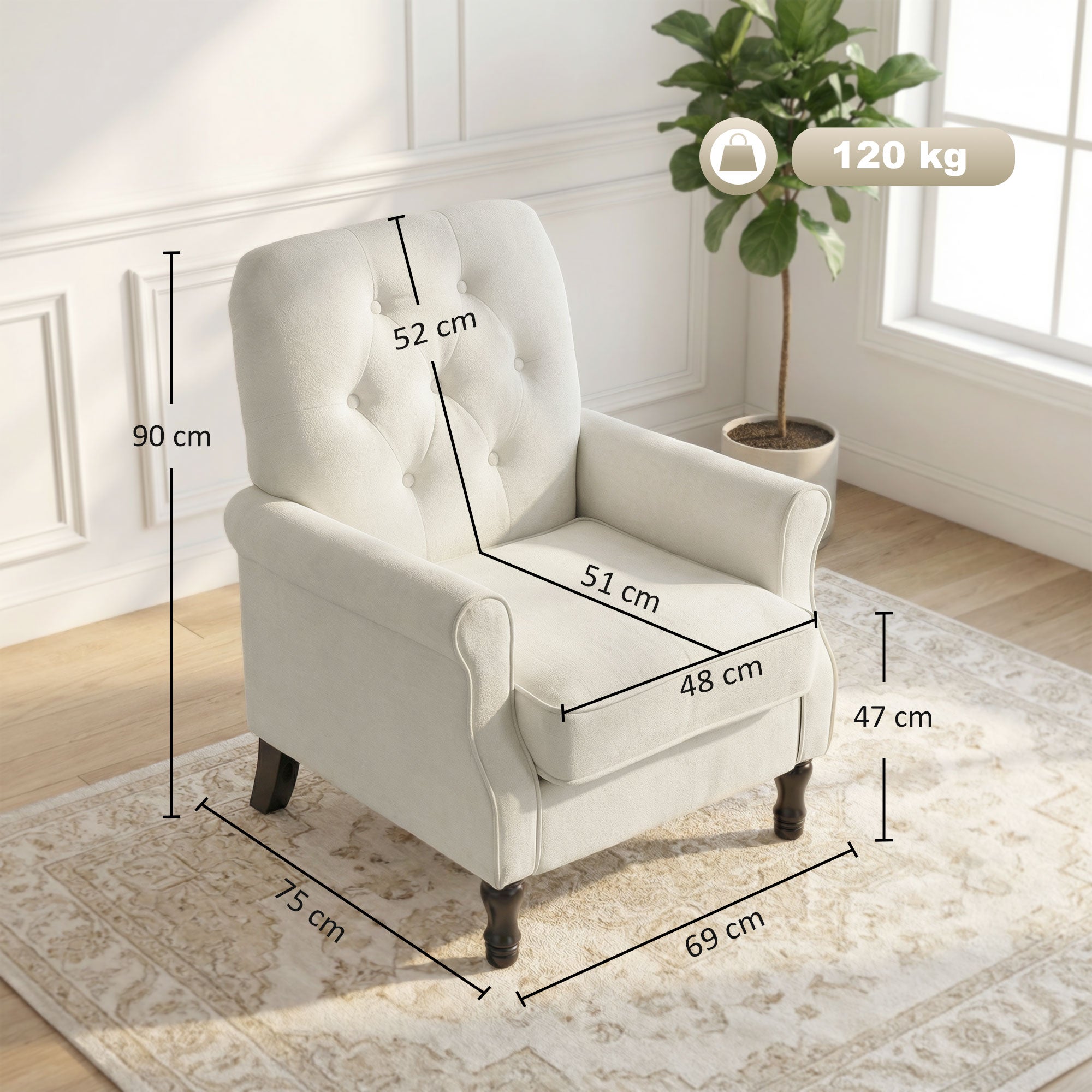 Fauteuil de salon, canapé 1 place avec assise rembourrée épaisse, coussin à ressorts, pieds en bois, style moderne médiéval, tissu en lin, pour chambre, salon, appartement, crème