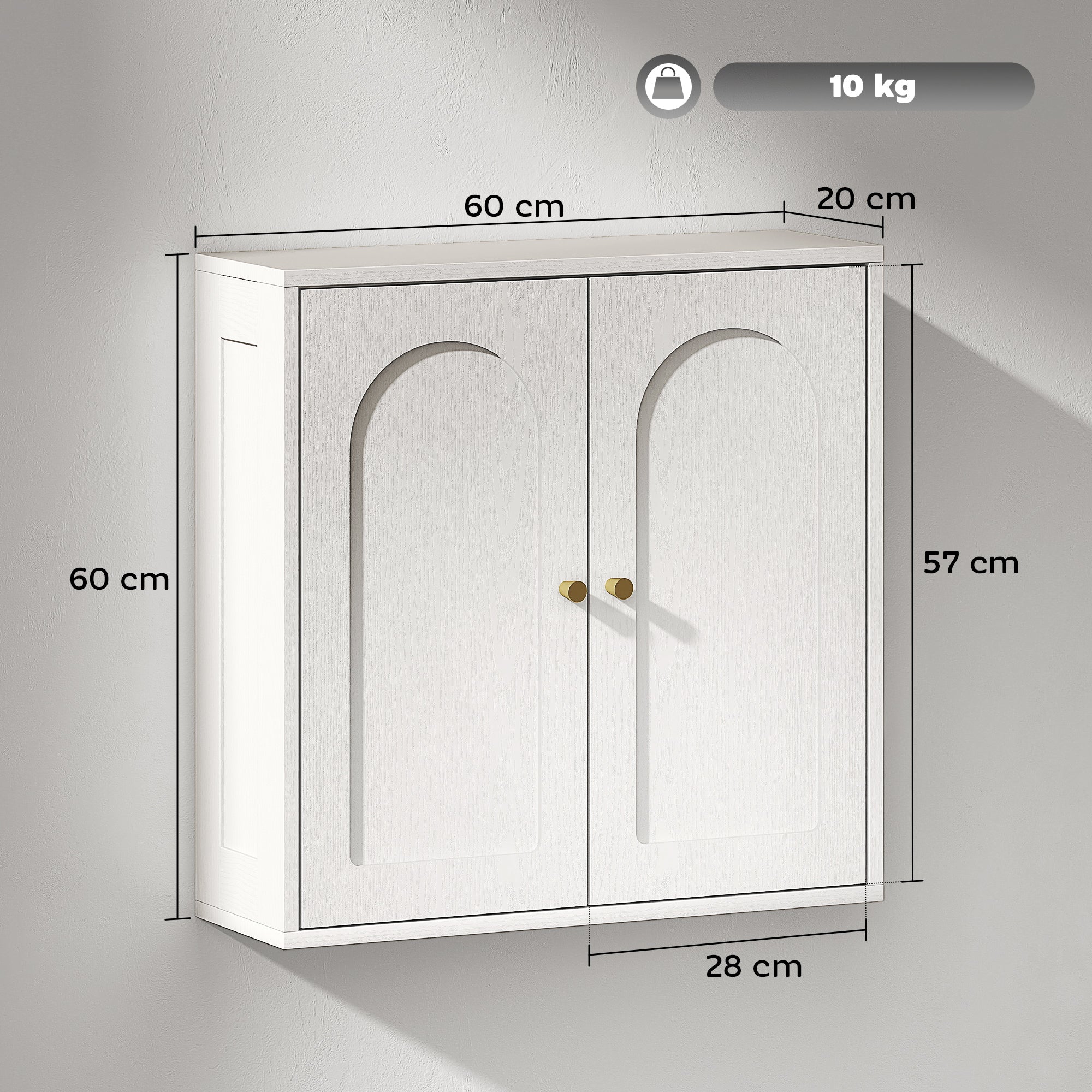 Armoire murale, meuble haut salle de bain style moderne avec placard à double porte et poignées dorées, meuble de salle de bain suspendu, 60 x 20 x 60 cm, blanc