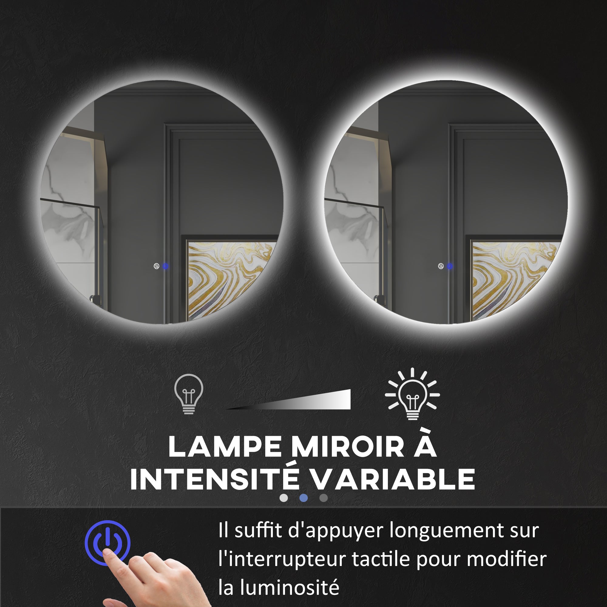 Miroir rond lumineux LED miroir mural de salle de bain 70 cm avec éclairage interrupteur tactile système antibuée luminosité réglable 35W blanc et argent