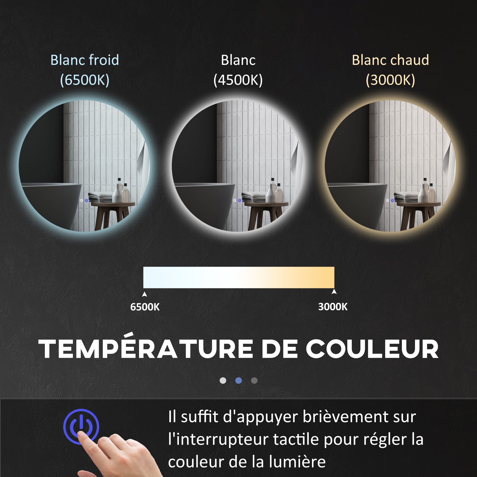 Miroir rond lumineux LED miroir mural de salle de bain 70 cm avec éclairage interrupteur tactile système antibuée luminosité réglable 35W blanc et argent