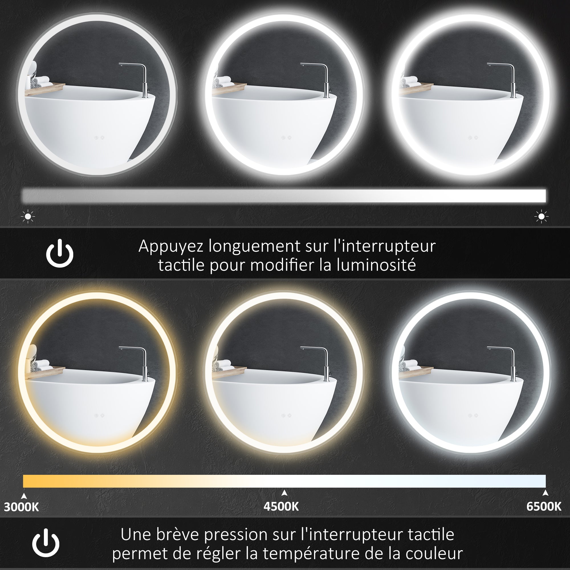 Miroir salle de bain avec éclairage Ø 80 cm miroir rond lumineux 3 couleurs interrupteur tactile système antibuée 46W blanc argent