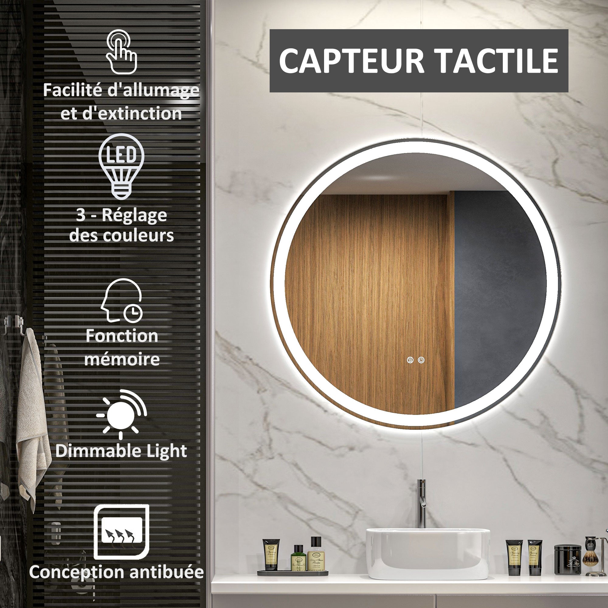 Miroir salle de bain avec éclairage Ø 80 cm miroir rond lumineux 3 couleurs interrupteur tactile système antibuée 46W blanc argent