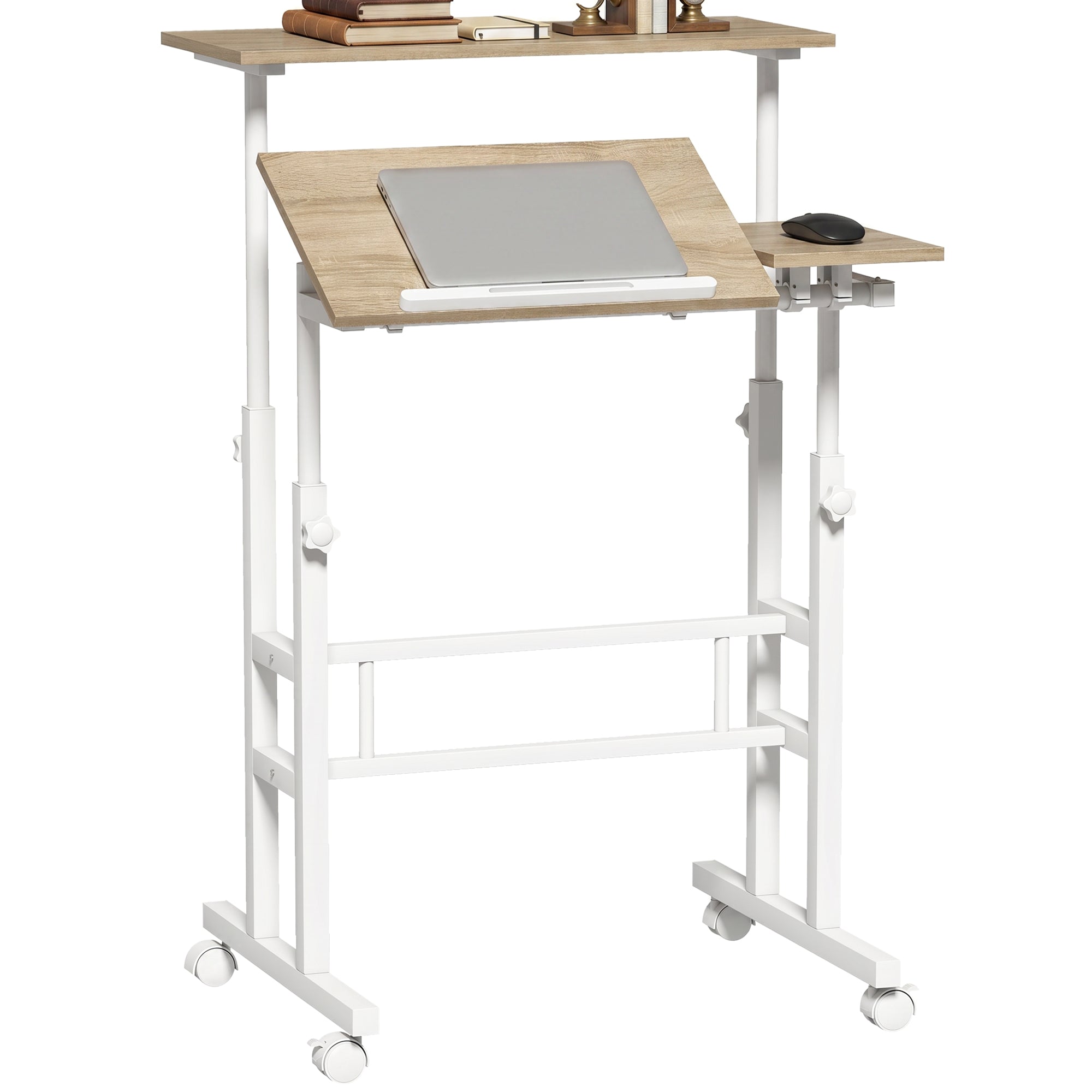 Bureau assis debout, bureau réglable en hauteur 70 x 60 cm, table ordinateur à roulettes avec plateau inclinable, poste de travail pour chambre, petits espaces, marron