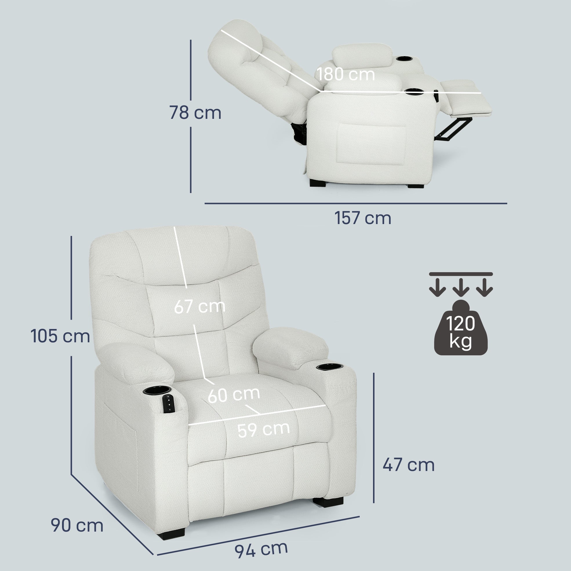 Fauteuil relax électrique, fauteuil inclinable en velours, port USB, assise large, repose-pieds, porte-gobelets, poches latérales, télécommande, moteur silencieux, 2 positions mémoire, crème