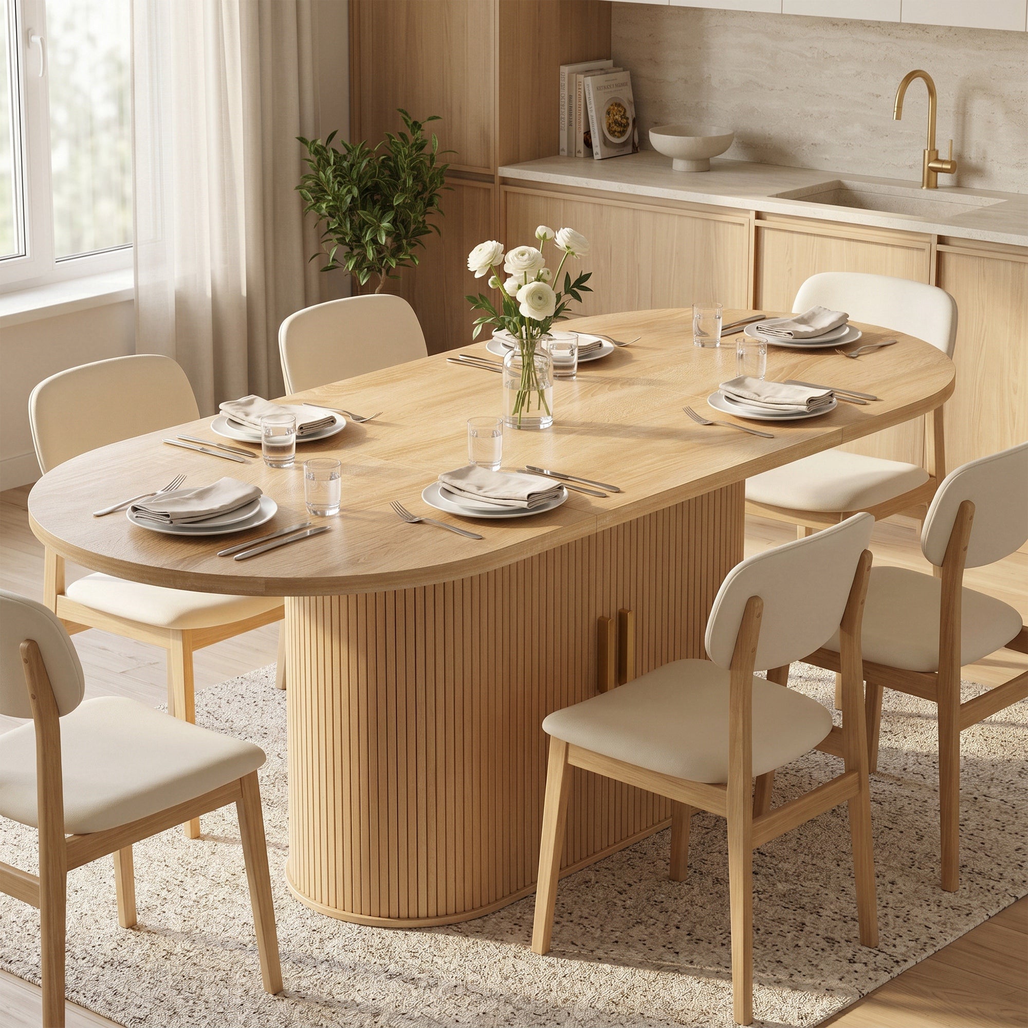 Table à Manger Ovale pour 6 personnes, 180x80x75cm - Table de Cuisine Moderne avec Portes Coulissantes, 6 Compartiments - Style Farmhouse Moderne, pour Salle à Manger, Cuisine, Salon, Chêne