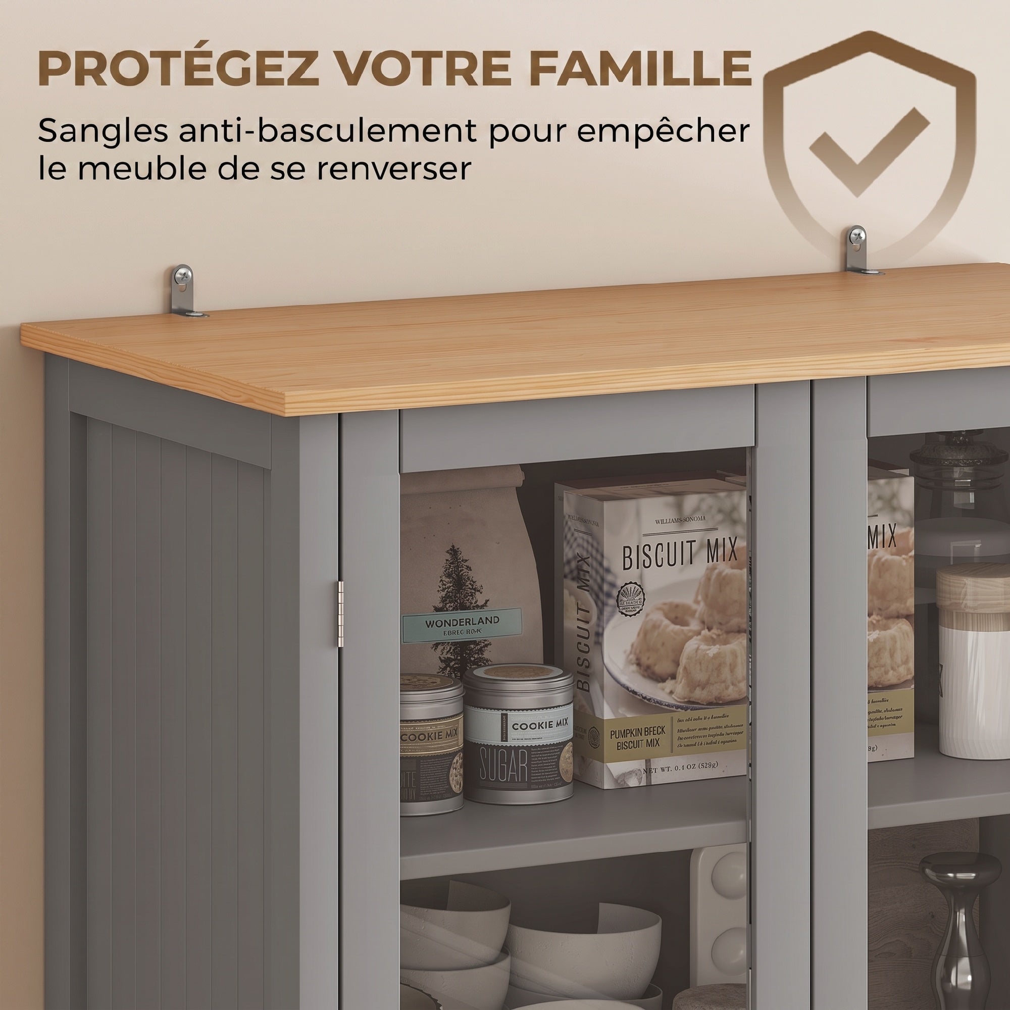 Buffet meuble cuisine rangement armoire de cuisine 4 portes dont 2 portes vitrées et 1 tiroir hauteur 182,5 cm avec étagères réglables - gris