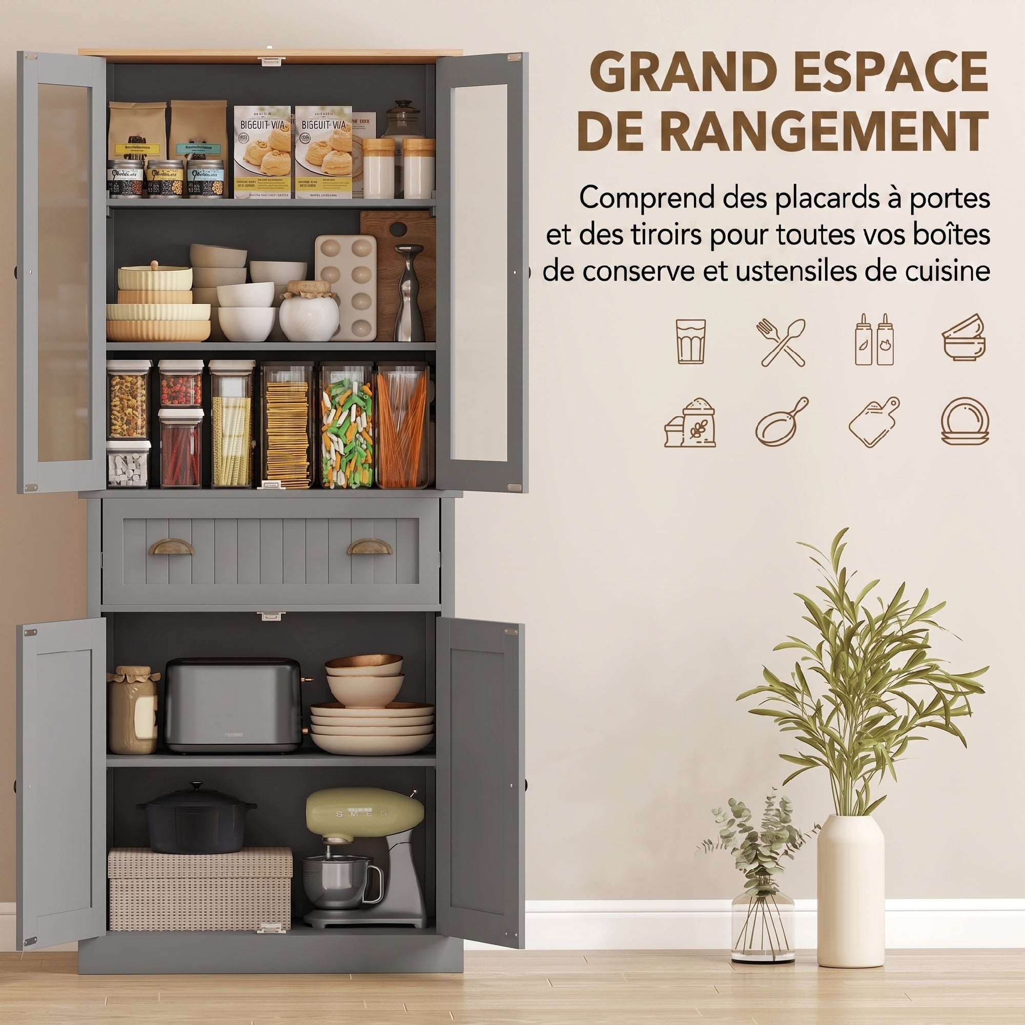 Buffet meuble cuisine rangement armoire de cuisine 4 portes dont 2 portes vitrées et 1 tiroir hauteur 182,5 cm avec étagères réglables - gris