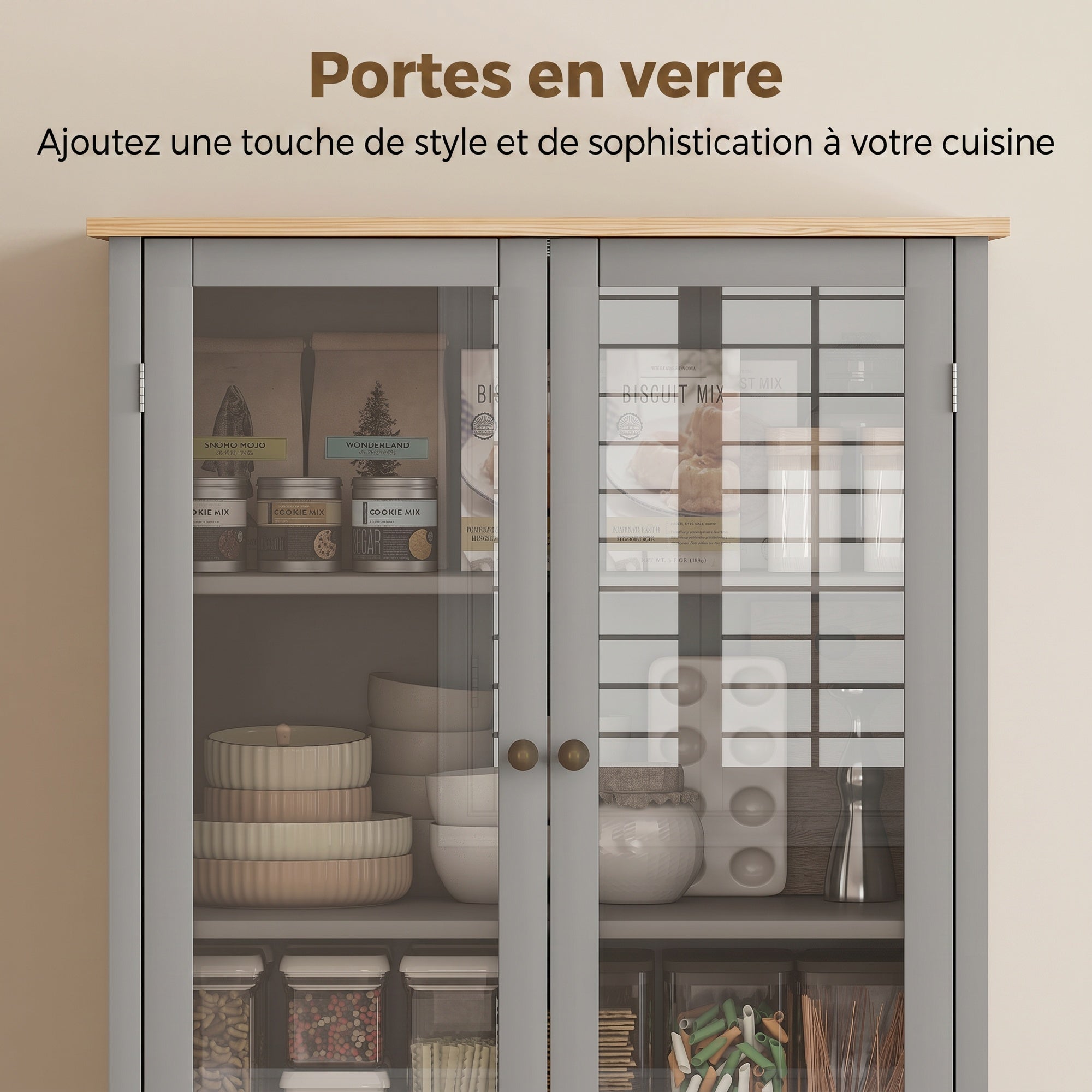 Buffet meuble cuisine rangement armoire de cuisine 4 portes dont 2 portes vitrées et 1 tiroir hauteur 182,5 cm avec étagères réglables - gris