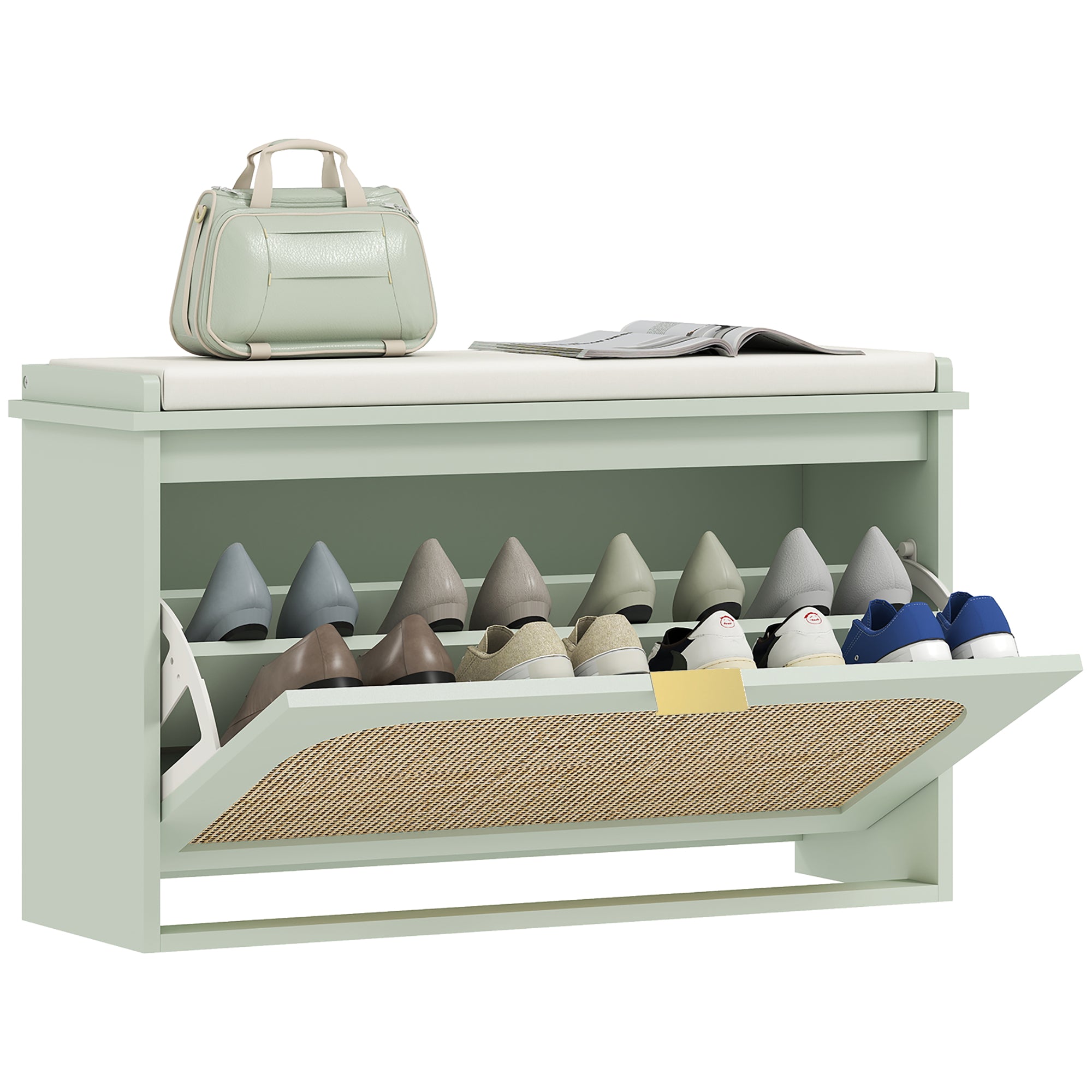 Banc chaussures entrée, banc de rangement étroit, assise rembourrée, porte en rotin, tiroir rabattable et étagère réglable, style bohème, pour entrée, couloir, 80 x 26 x 47,5 cm, vert