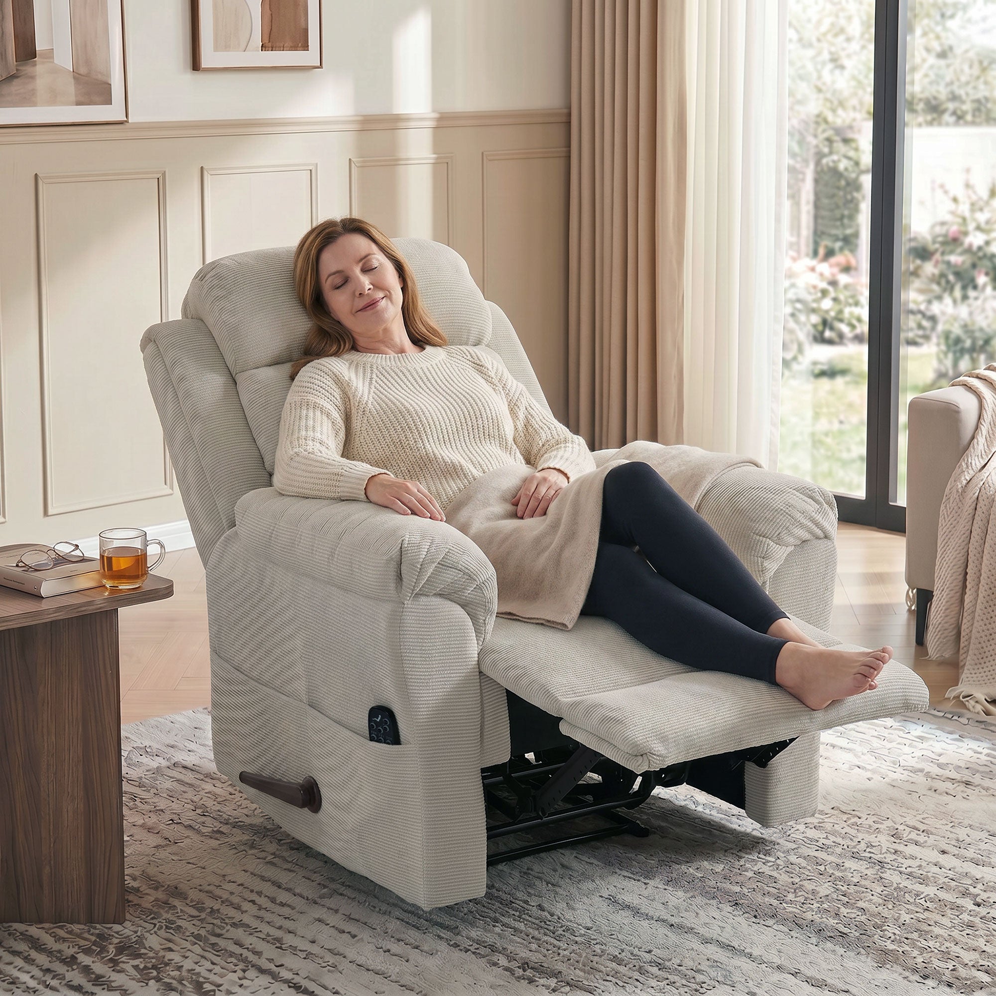 Fauteuil Inclinable de Massage et Chauffage, Fauteuil de Relaxation en Chenille, Appuie-tête Réglable 4 Poches Latérales Assise à Ressorts Repose-Pied, Montage Facile, pour Salon Chambre, Crème