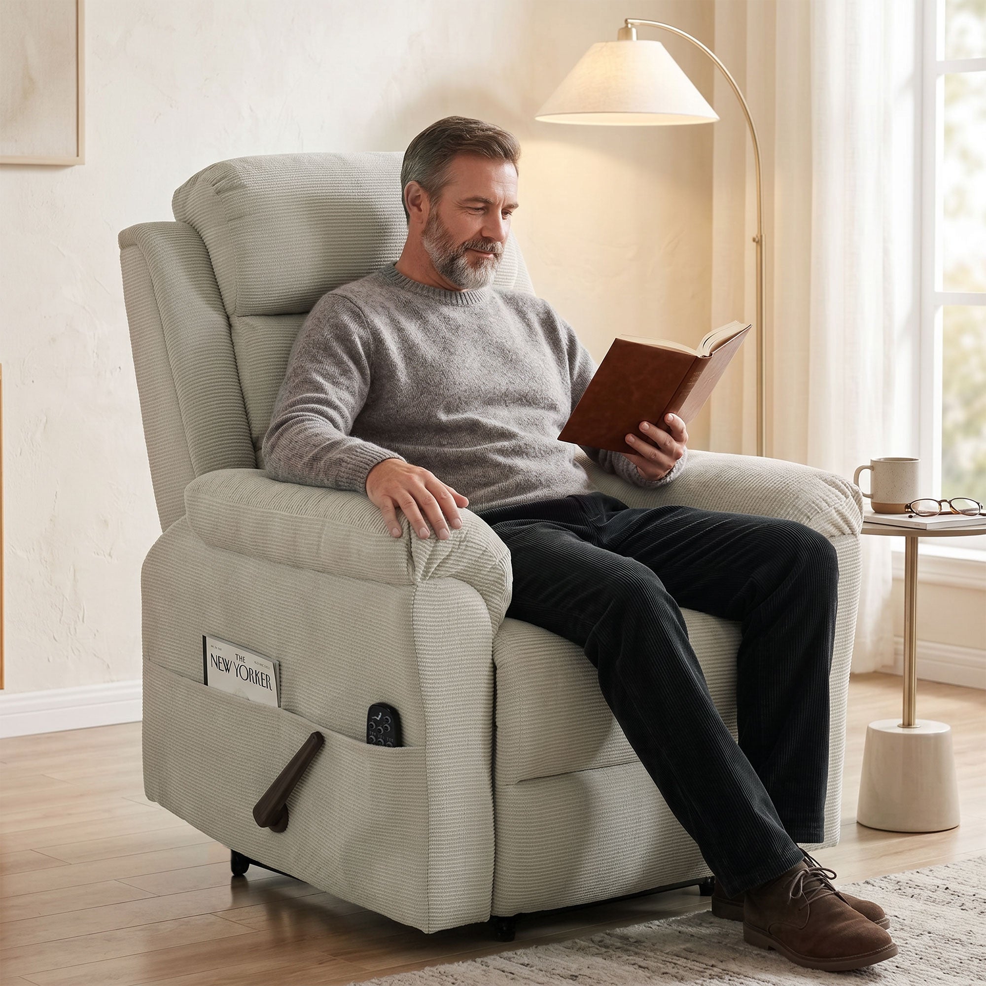 Fauteuil Inclinable de Massage et Chauffage, Fauteuil de Relaxation en Chenille, Appuie-tête Réglable 4 Poches Latérales Assise à Ressorts Repose-Pied, Montage Facile, pour Salon Chambre, Crème