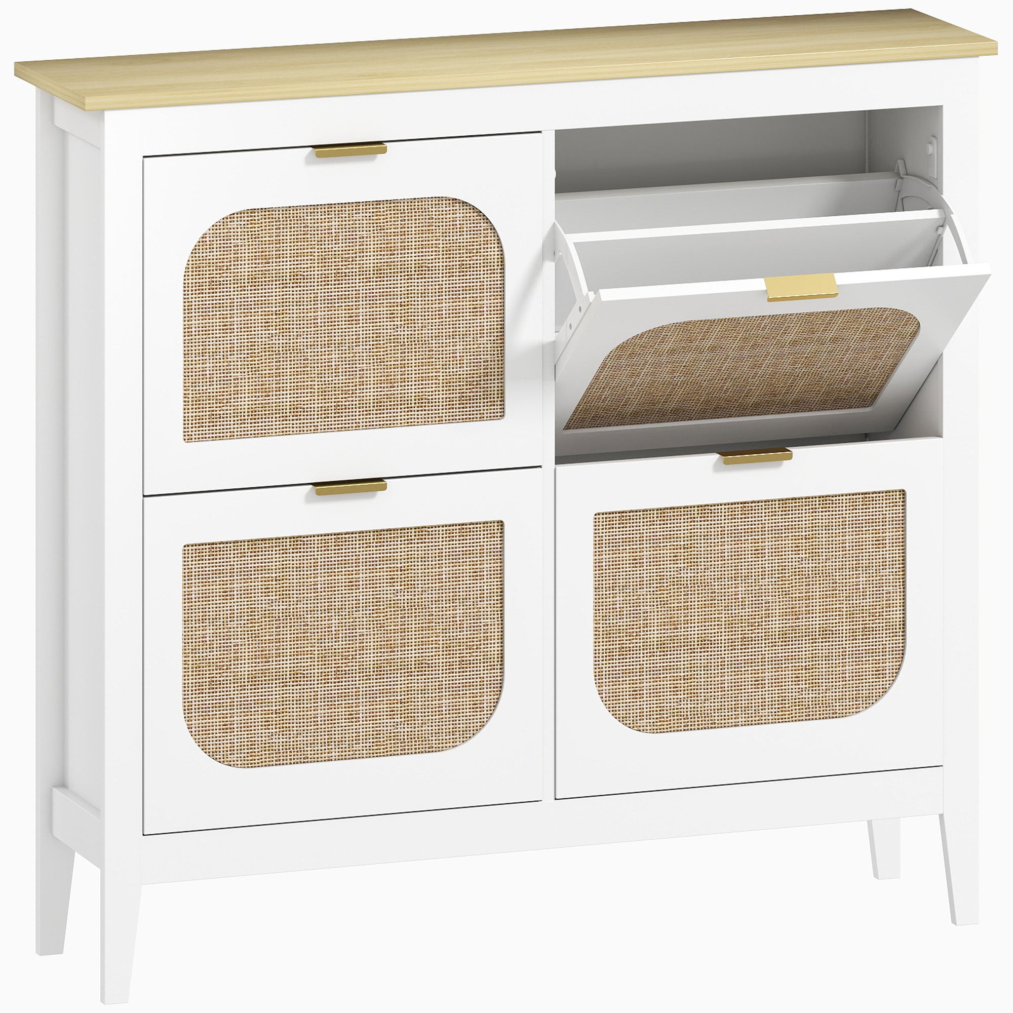 Meuble à chaussures 20 paires, armoire à chaussures étroite bohème avec 4 tiroirs rabattables, portes effet cannage rotin et étagères réglables, pour couloir et entrée, 105x24x95,5cm, blanc