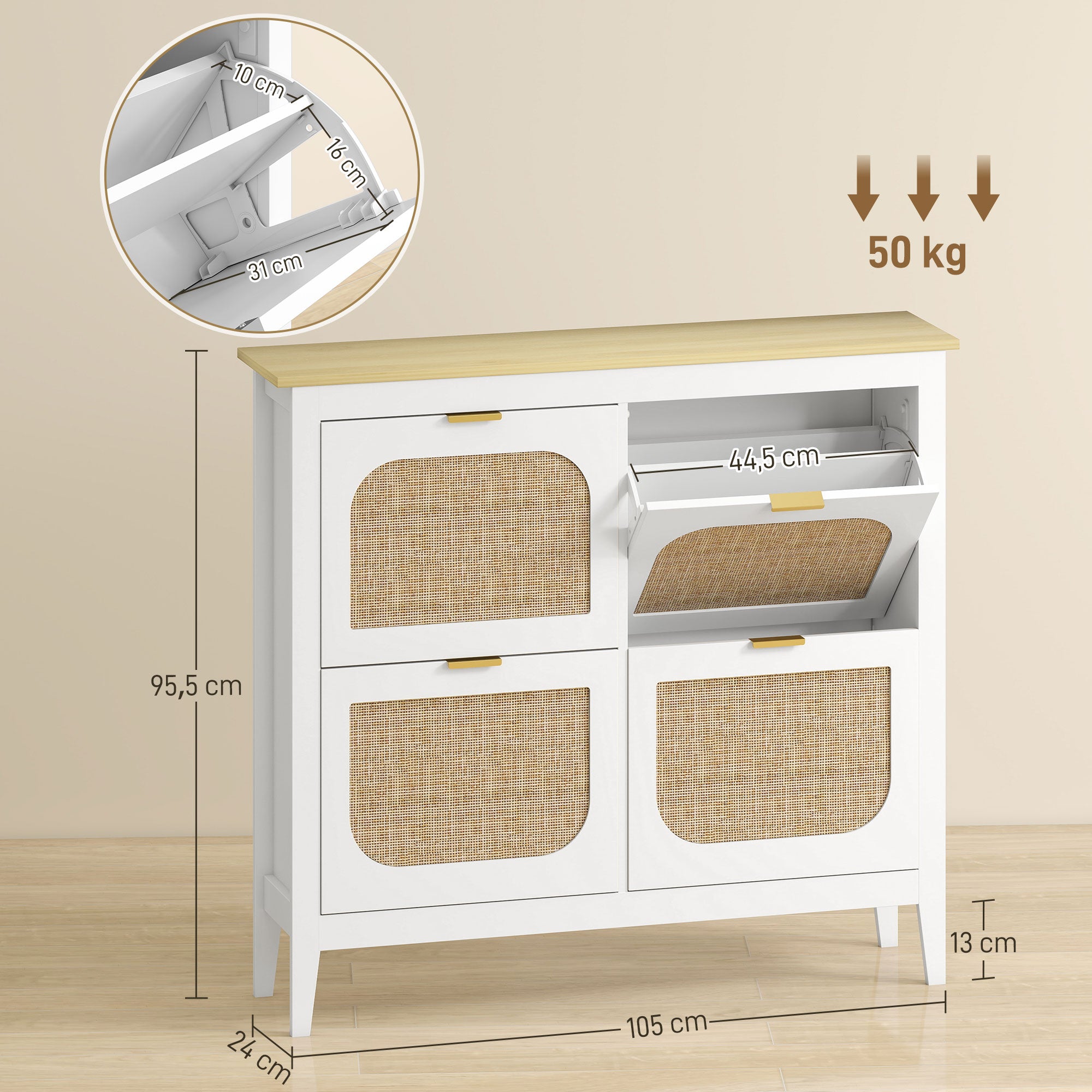 Meuble à chaussures 20 paires, armoire à chaussures étroite bohème avec 4 tiroirs rabattables, portes effet cannage rotin et étagères réglables, pour couloir et entrée, 105x24x95,5cm, blanc