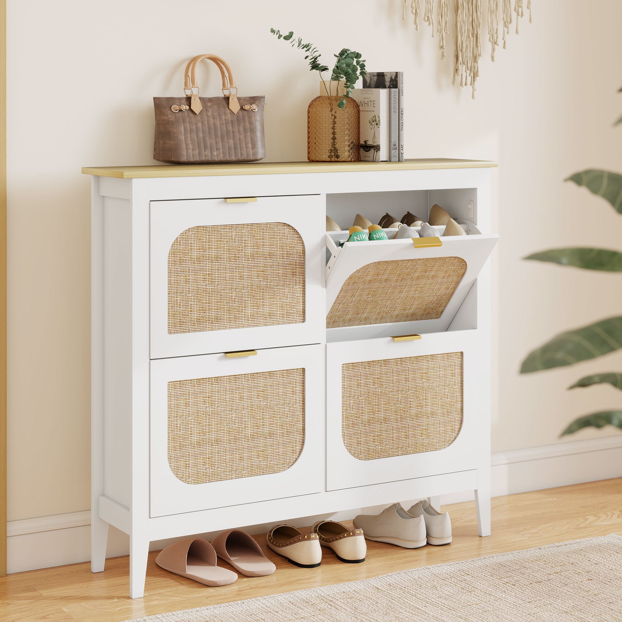 Meuble à chaussures 20 paires, armoire à chaussures étroite bohème avec 4 tiroirs rabattables, portes effet cannage rotin et étagères réglables, pour couloir et entrée, 105x24x95,5cm, blanc