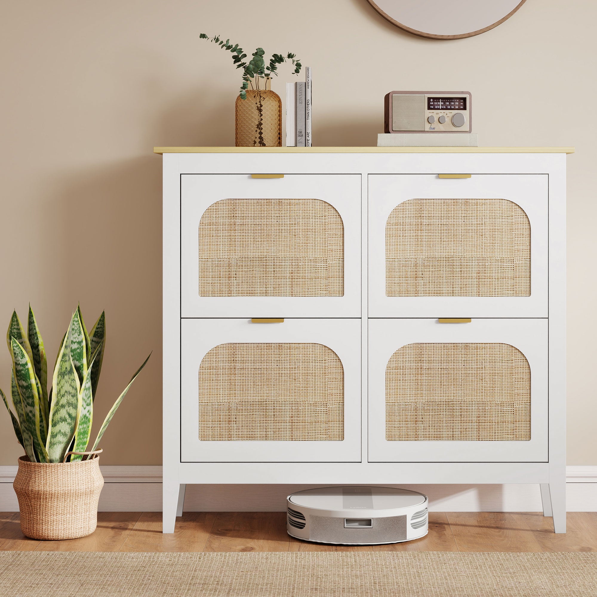 Meuble à chaussures 20 paires, armoire à chaussures étroite bohème avec 4 tiroirs rabattables, portes effet cannage rotin et étagères réglables, pour couloir et entrée, 105x24x95,5cm, blanc