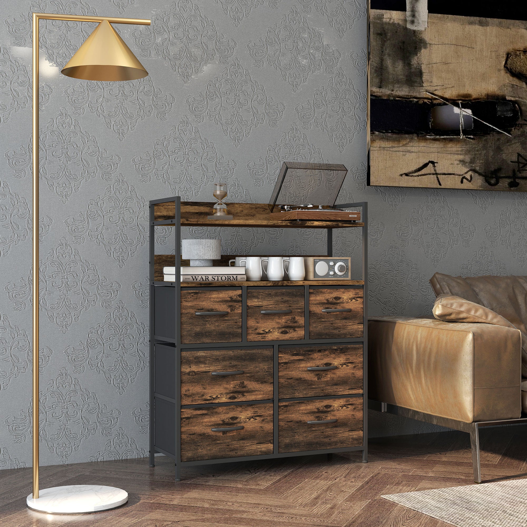 Commode chambre meuble de rangement commode 7 tiroirs en tissu pliables et amovibles avec étagères ouvertes et cadre en acier, chiffonnier pour salon, chambre, entrée, brun rustique