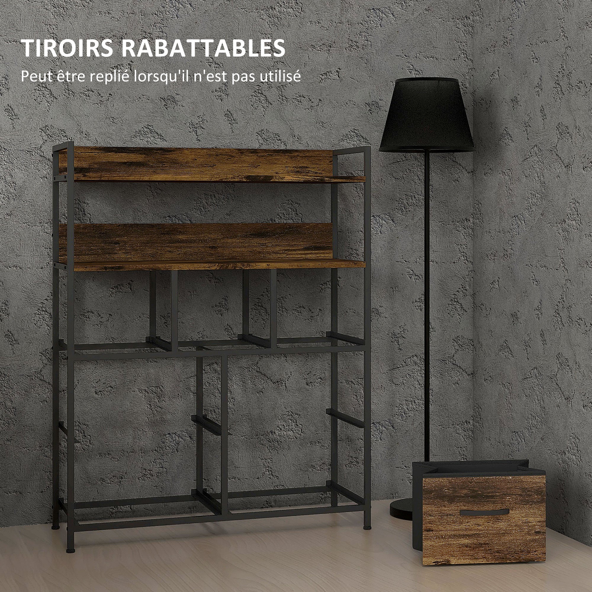 Commode chambre meuble de rangement commode 7 tiroirs en tissu pliables et amovibles avec étagères ouvertes et cadre en acier, chiffonnier pour salon, chambre, entrée, brun rustique