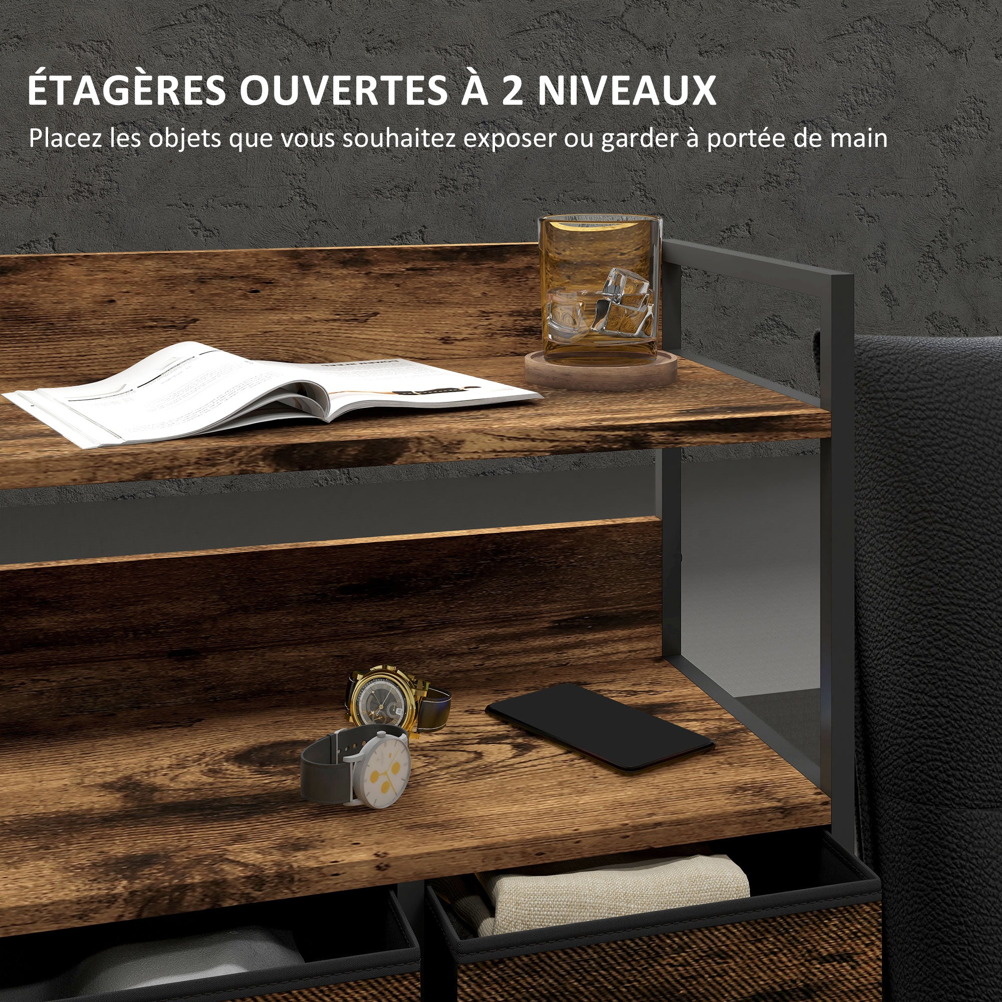 Commode chambre meuble de rangement commode 7 tiroirs en tissu pliables et amovibles avec étagères ouvertes et cadre en acier, chiffonnier pour salon, chambre, entrée, brun rustique