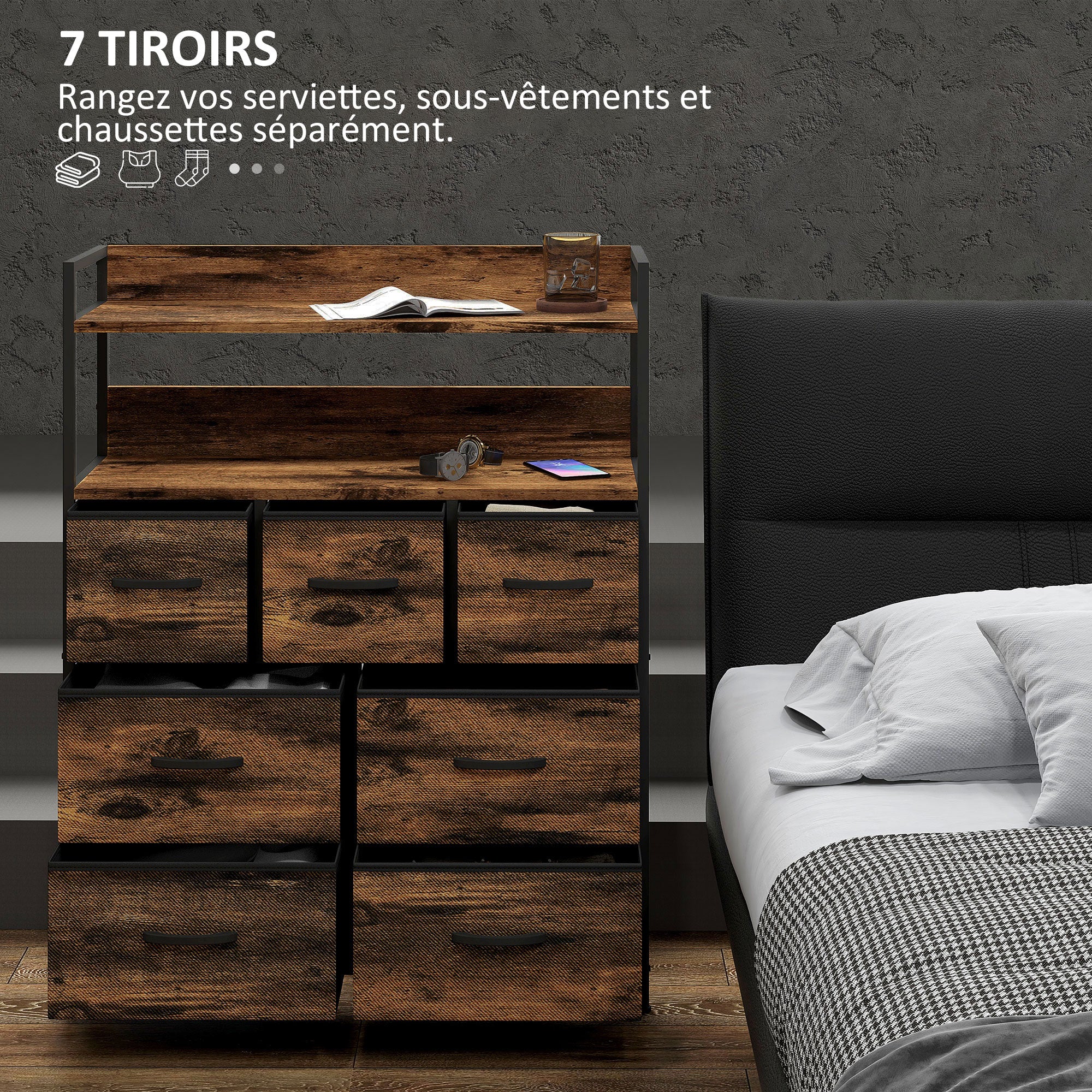 Commode chambre meuble de rangement commode 7 tiroirs en tissu pliables et amovibles avec étagères ouvertes et cadre en acier, chiffonnier pour salon, chambre, entrée, brun rustique