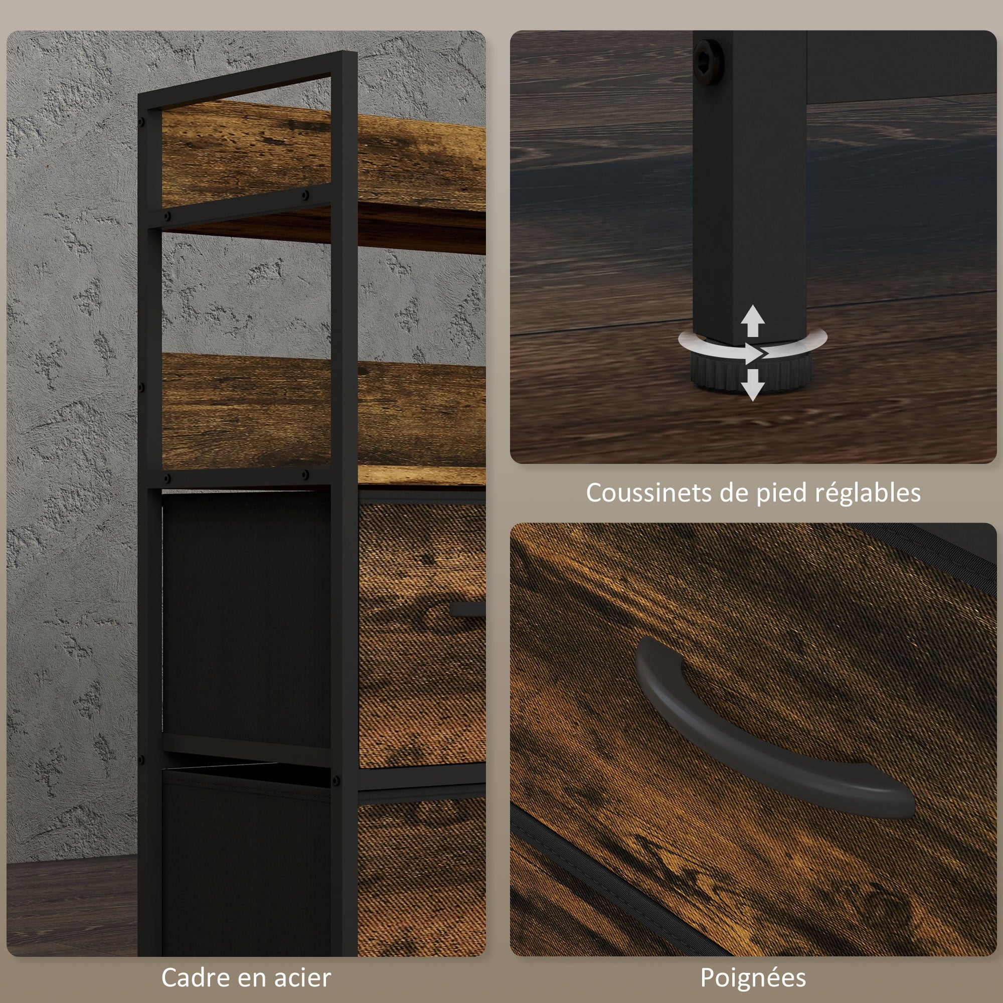 Commode chambre meuble de rangement commode 7 tiroirs en tissu pliables et amovibles avec étagères ouvertes et cadre en acier, chiffonnier pour salon, chambre, entrée, brun rustique