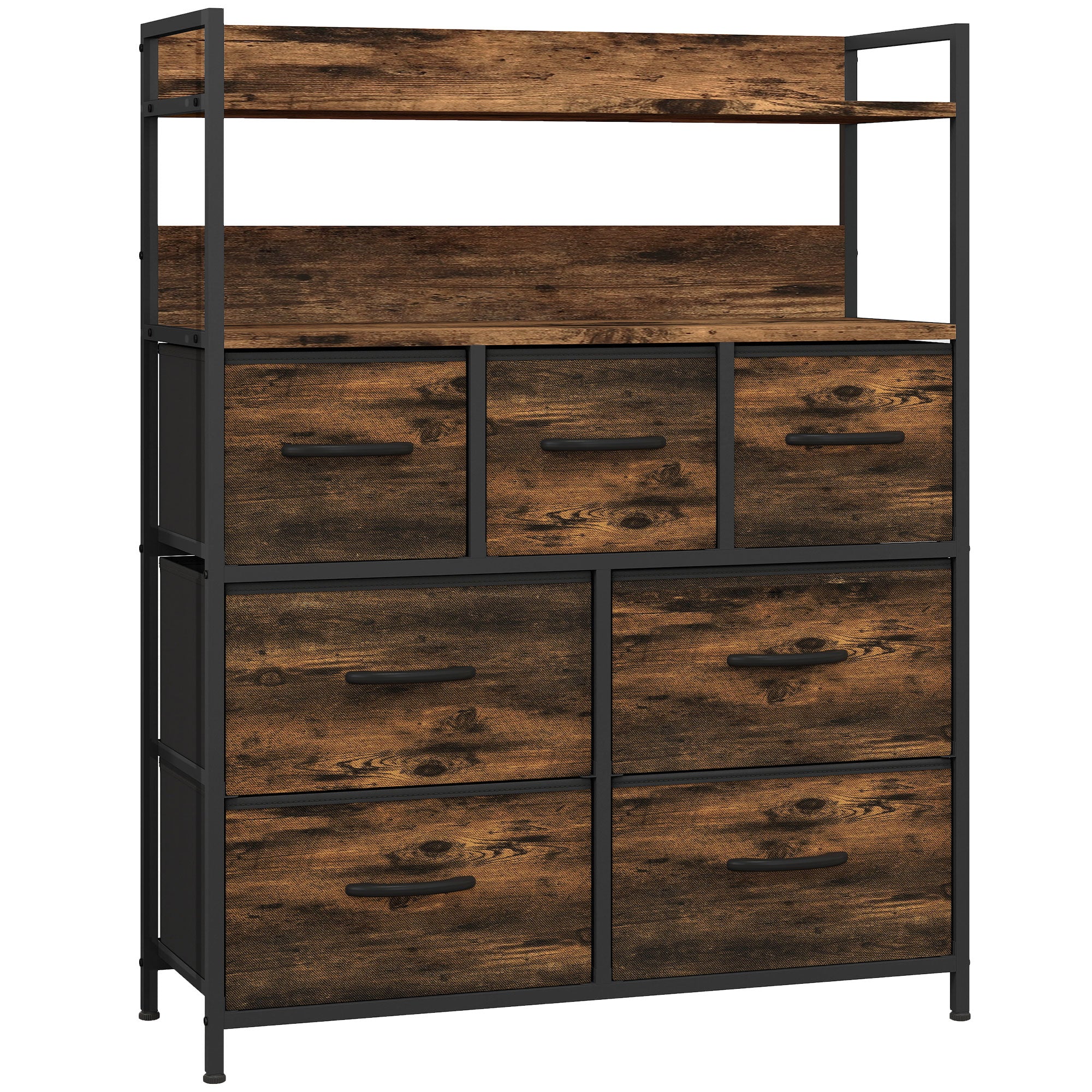 Commode chambre meuble de rangement commode 7 tiroirs en tissu pliables et amovibles avec étagères ouvertes et cadre en acier, chiffonnier pour salon, chambre, entrée, brun rustique