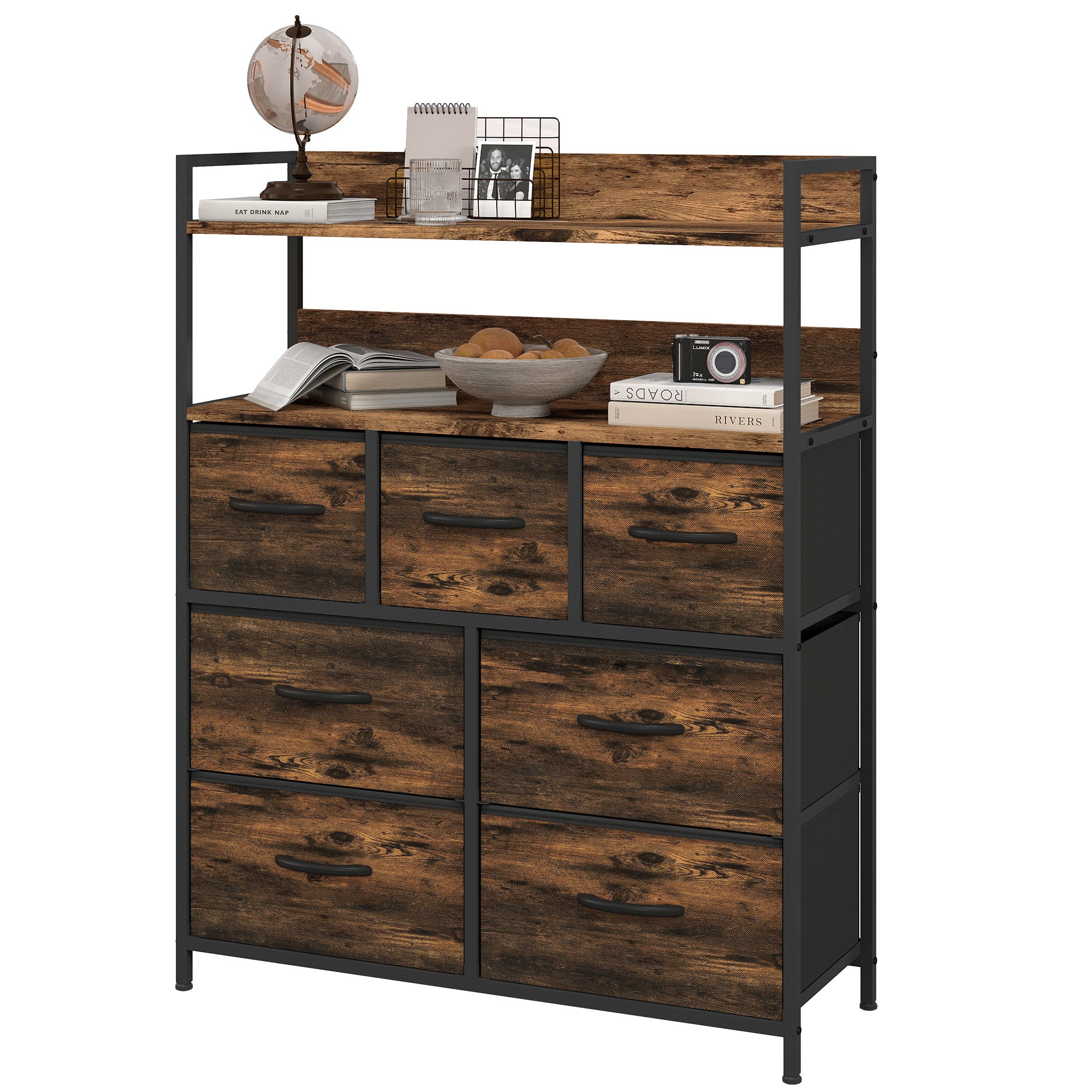 Commode chambre meuble de rangement commode 7 tiroirs en tissu pliables et amovibles avec étagères ouvertes et cadre en acier, chiffonnier pour salon, chambre, entrée, brun rustique