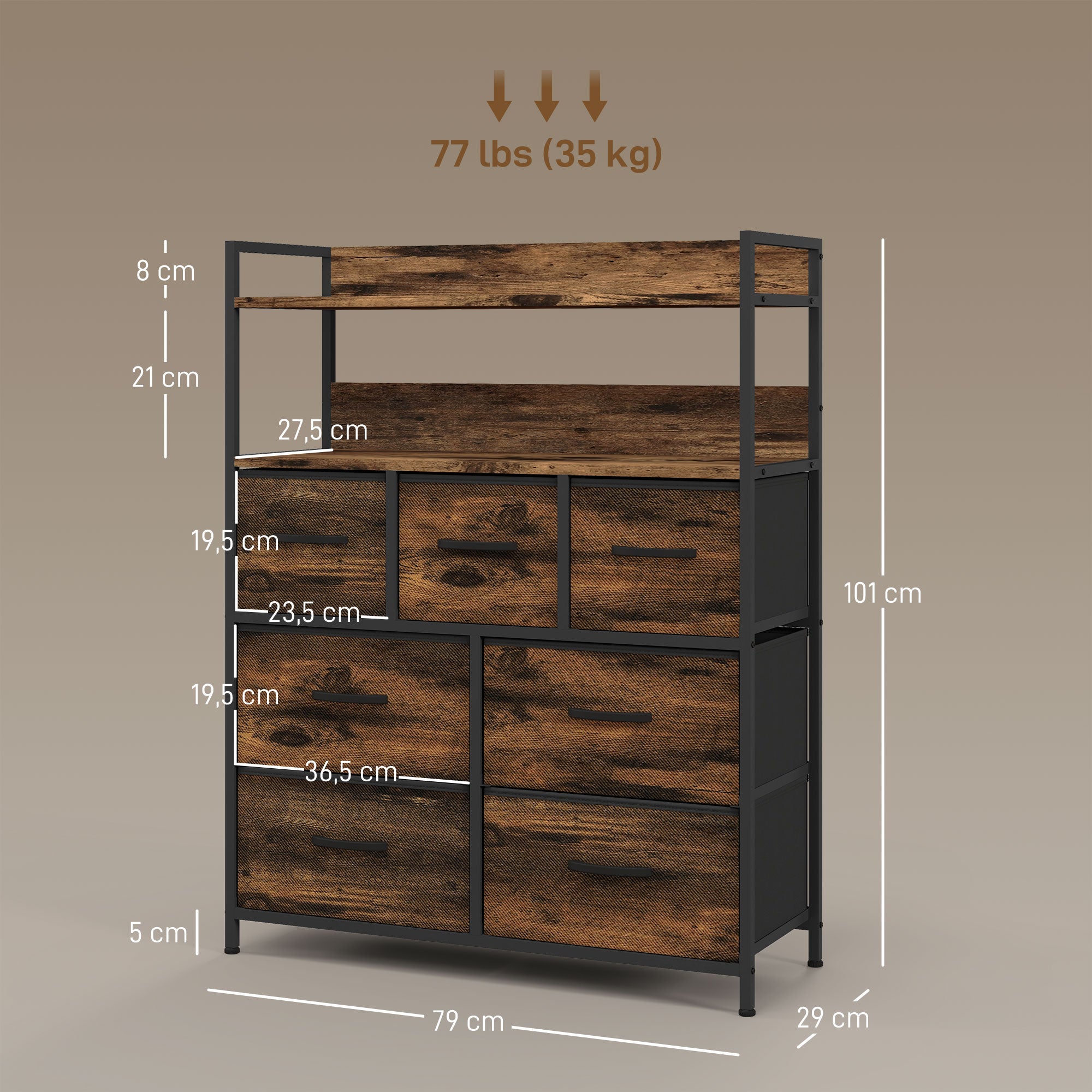 Commode chambre meuble de rangement commode 7 tiroirs en tissu pliables et amovibles avec étagères ouvertes et cadre en acier, chiffonnier pour salon, chambre, entrée, brun rustique