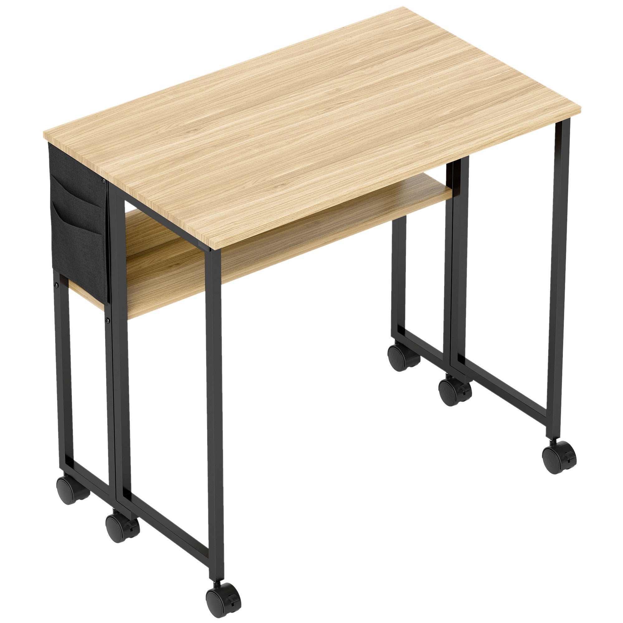 Bureau pliable sur roulettes, table d'ordinateur 80 x 50 cm avec étagère et sac de rangement, table d'étude pour bureau à domicile, chambre, petits espaces, chêne