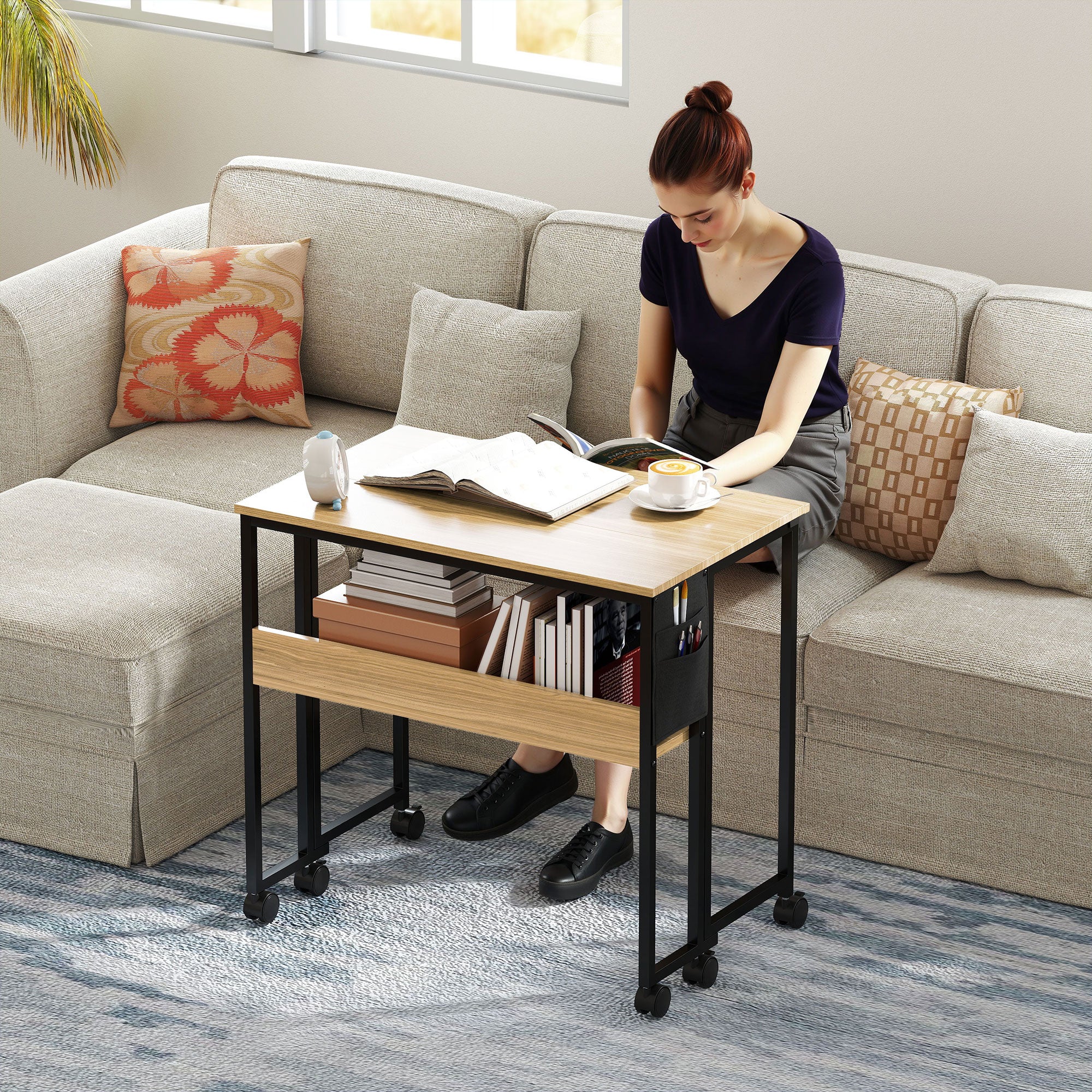 Bureau pliable sur roulettes, table d'ordinateur 80 x 50 cm avec étagère et sac de rangement, table d'étude pour bureau à domicile, chambre, petits espaces, chêne