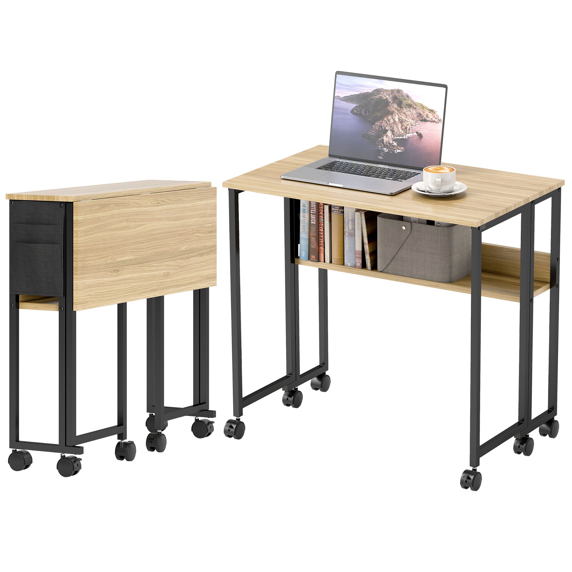Bureau pliable sur roulettes, table d'ordinateur 80 x 50 cm avec étagère et sac de rangement, table d'étude pour bureau à domicile, chambre, petits espaces, chêne