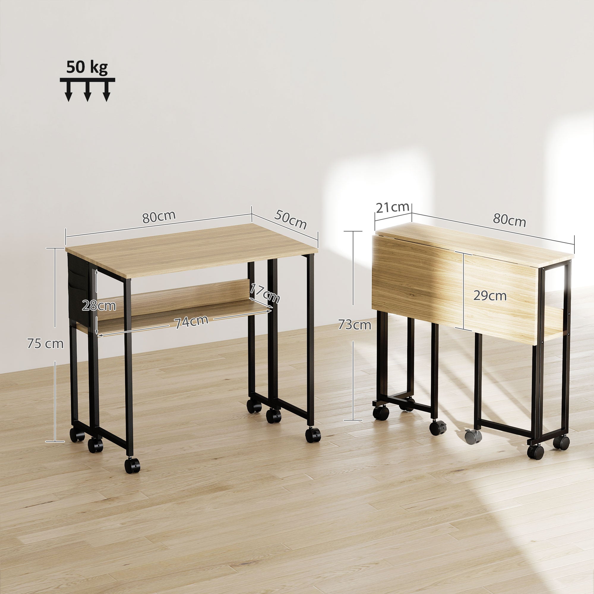 Bureau pliable sur roulettes, table d'ordinateur 80 x 50 cm avec étagère et sac de rangement, table d'étude pour bureau à domicile, chambre, petits espaces, chêne