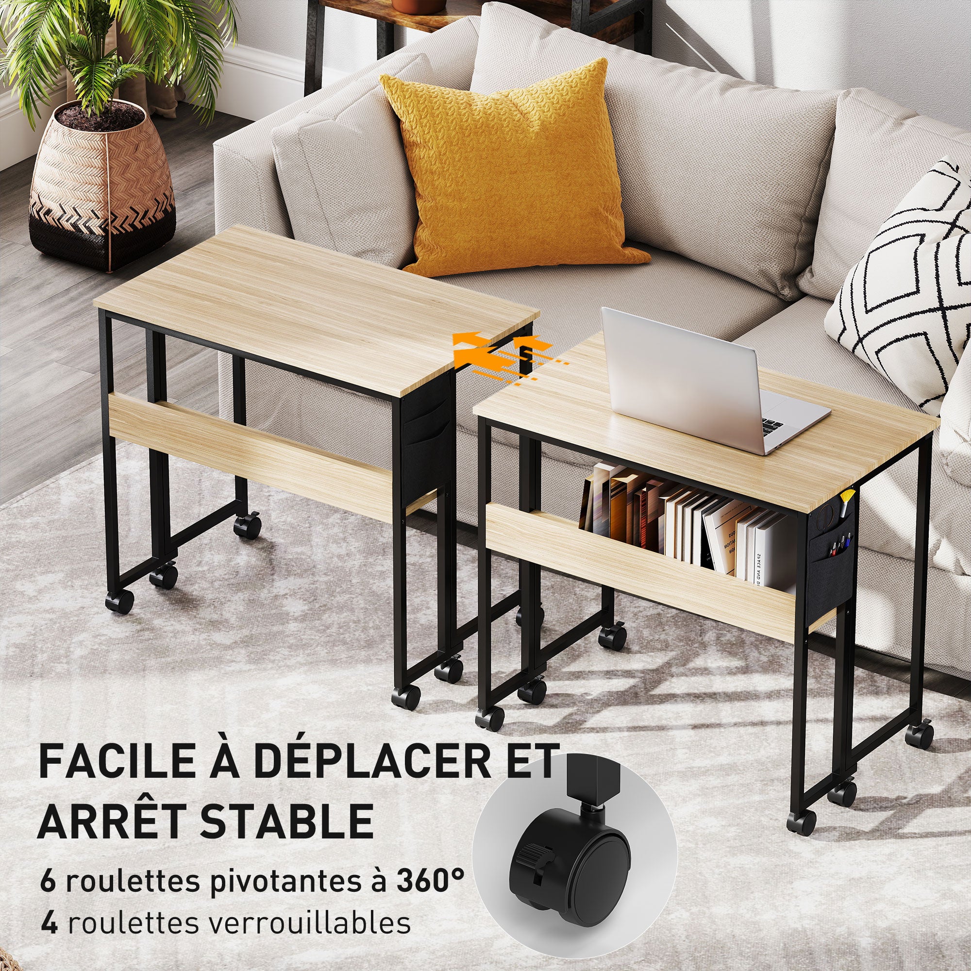 Bureau pliable sur roulettes, table d'ordinateur 80 x 50 cm avec étagère et sac de rangement, table d'étude pour bureau à domicile, chambre, petits espaces, chêne